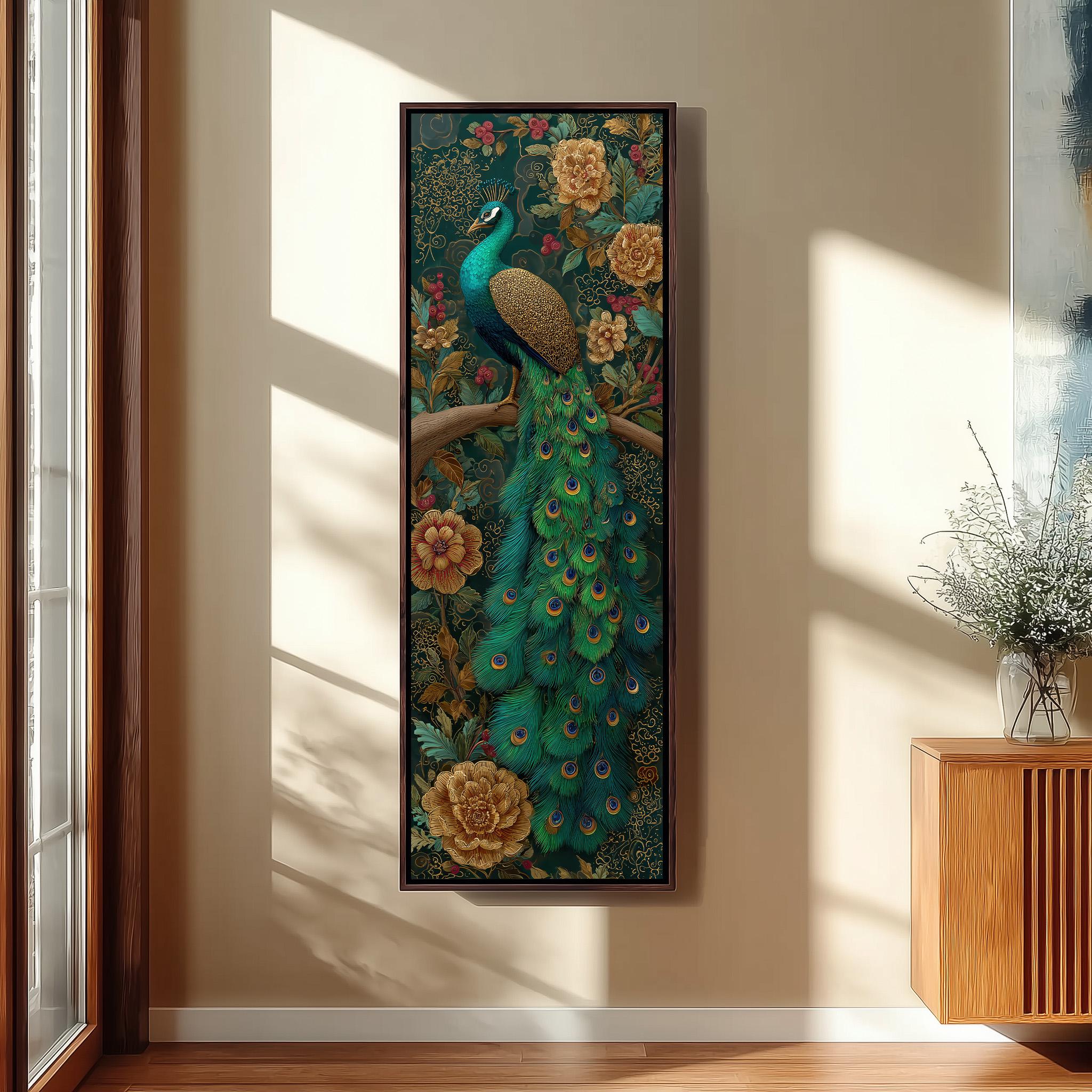 a large framed painting of a peacock, with its vibrant green and blue feathers and a long tail displaying a mix of orange and yellow flowers. The painting is hanging on a wall in a room with a wooden cabinet and a vase of flowers nearby.