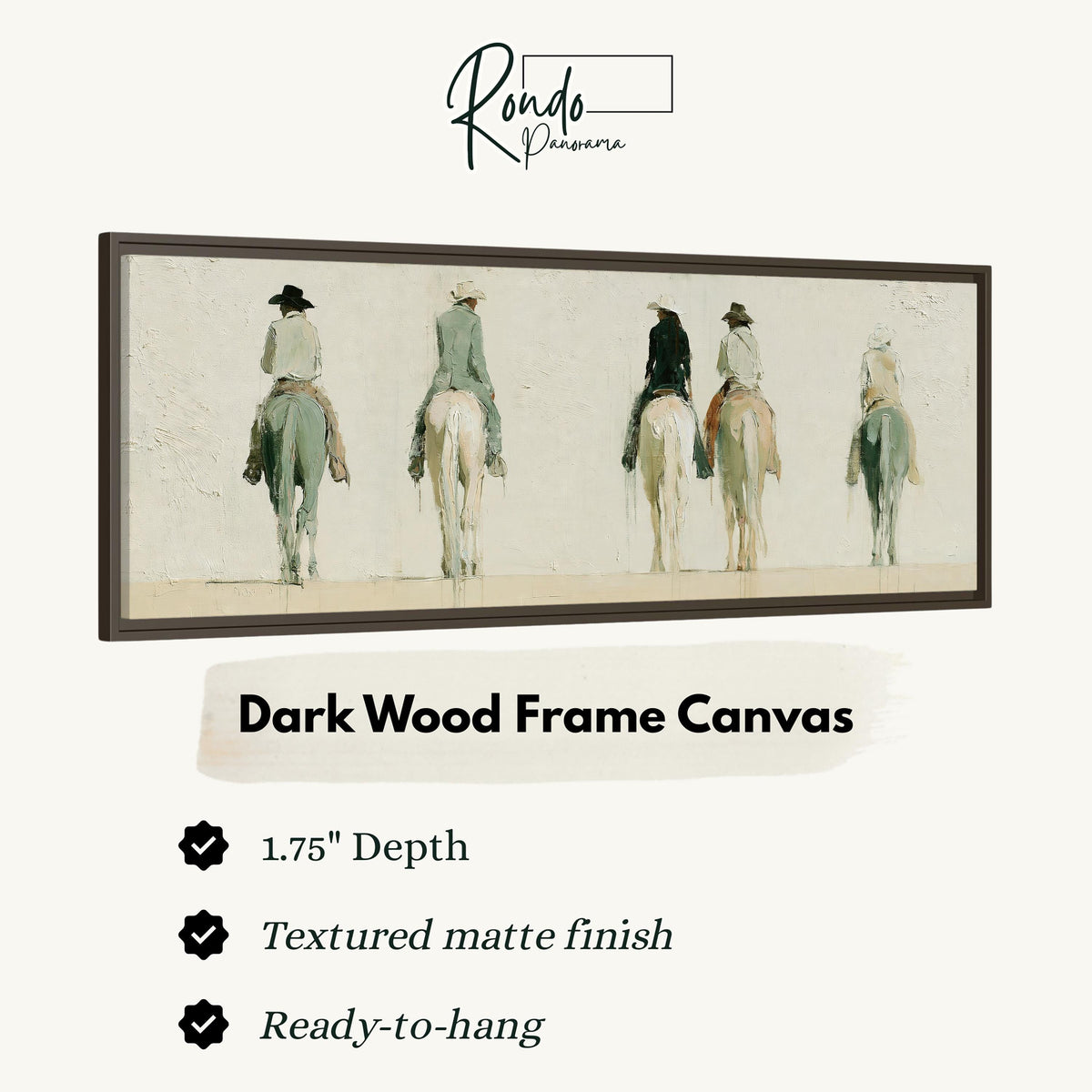 Riders on horseback seen from behind canvas print in a dark wood floating frame