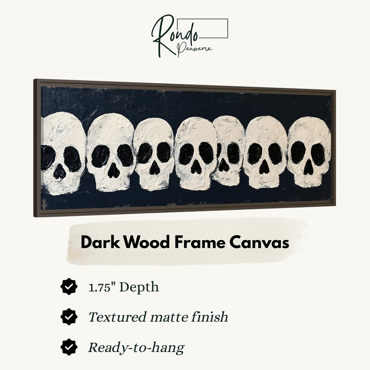 Row of white skulls on navy canvas print in a dark wood floating frame