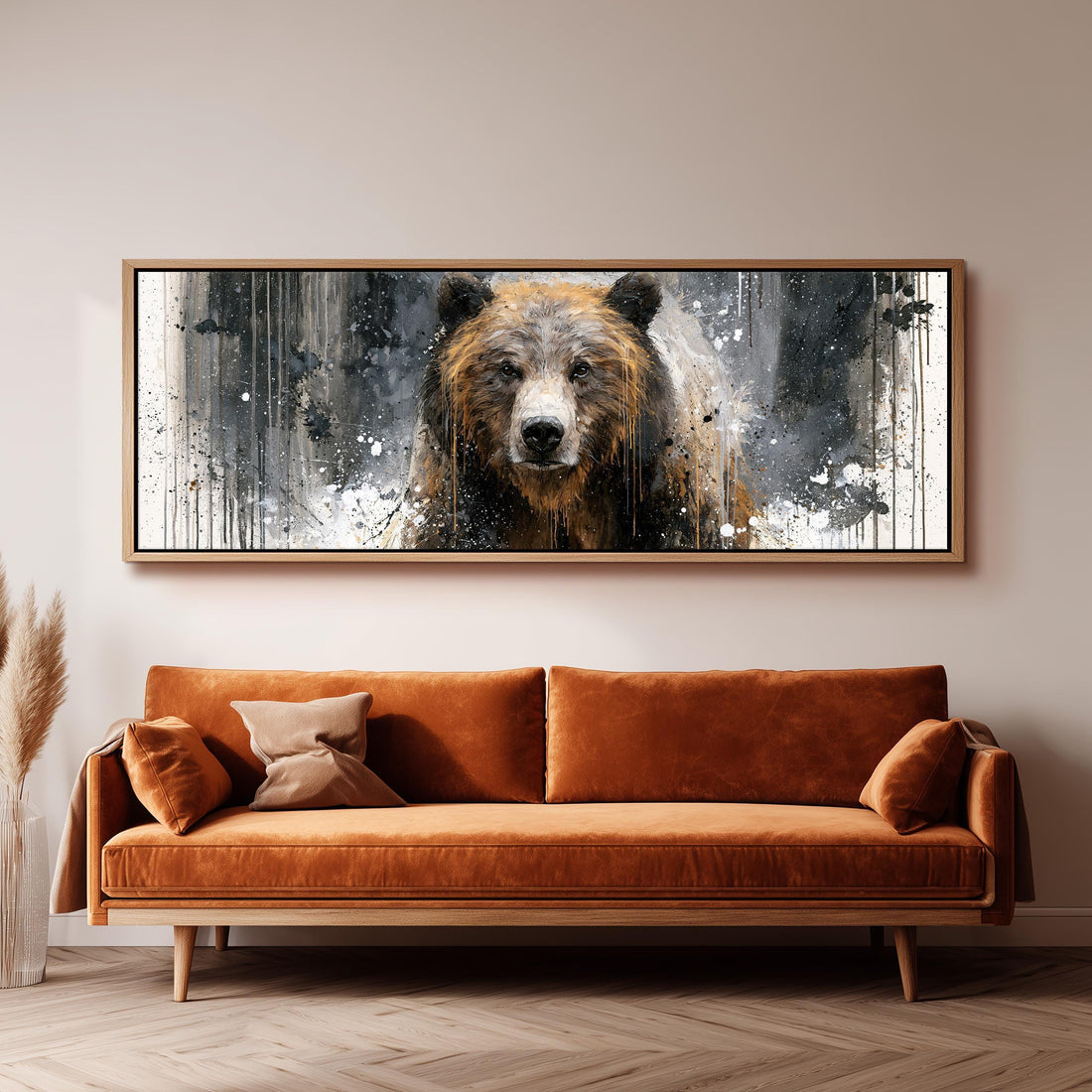 Grizzly bear grunge portrait long horizontal canvas print above a sofa in a living room