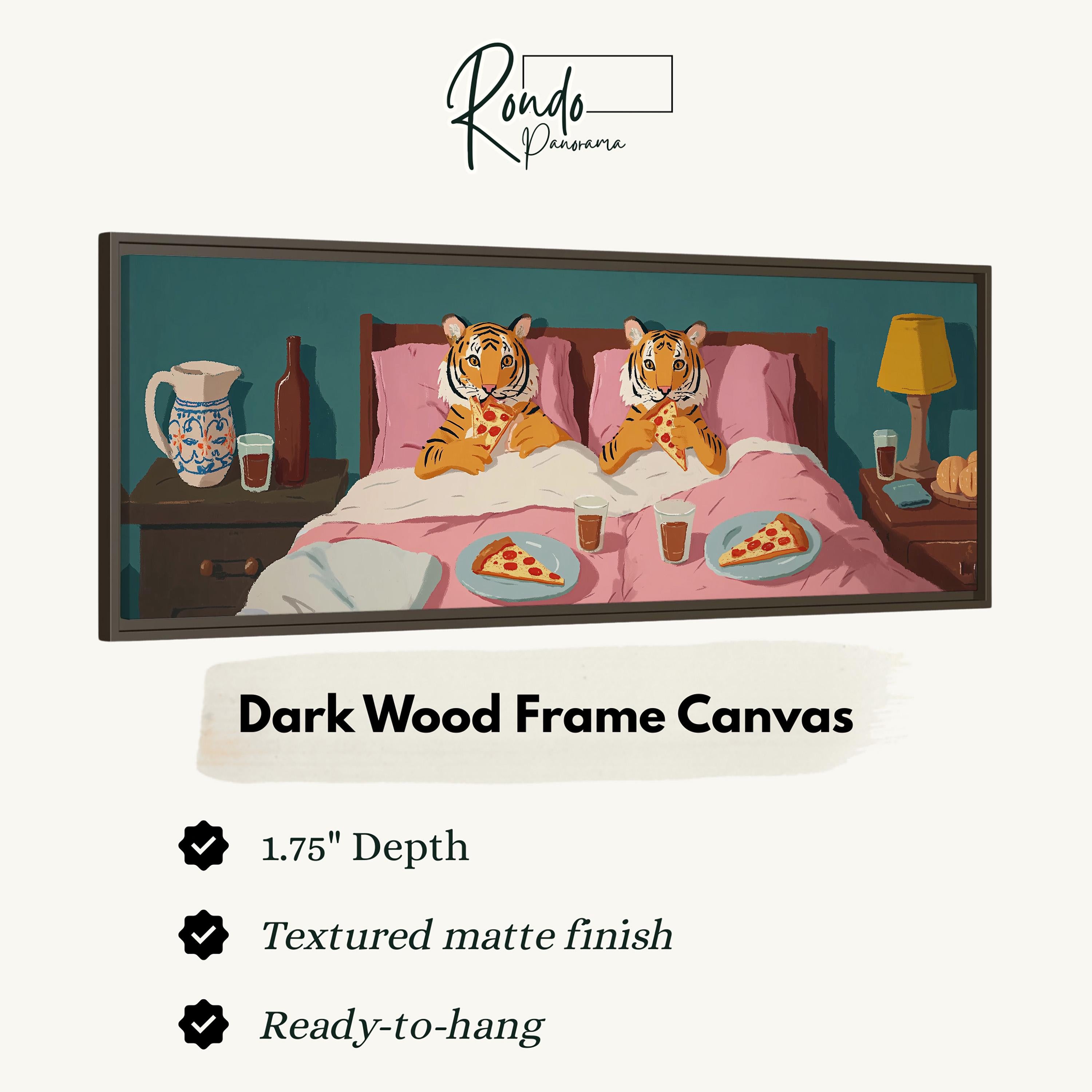 The image is a framed artwork depicting two cartoon tiger characters sitting on a bed, with plates of pizza in front of them.