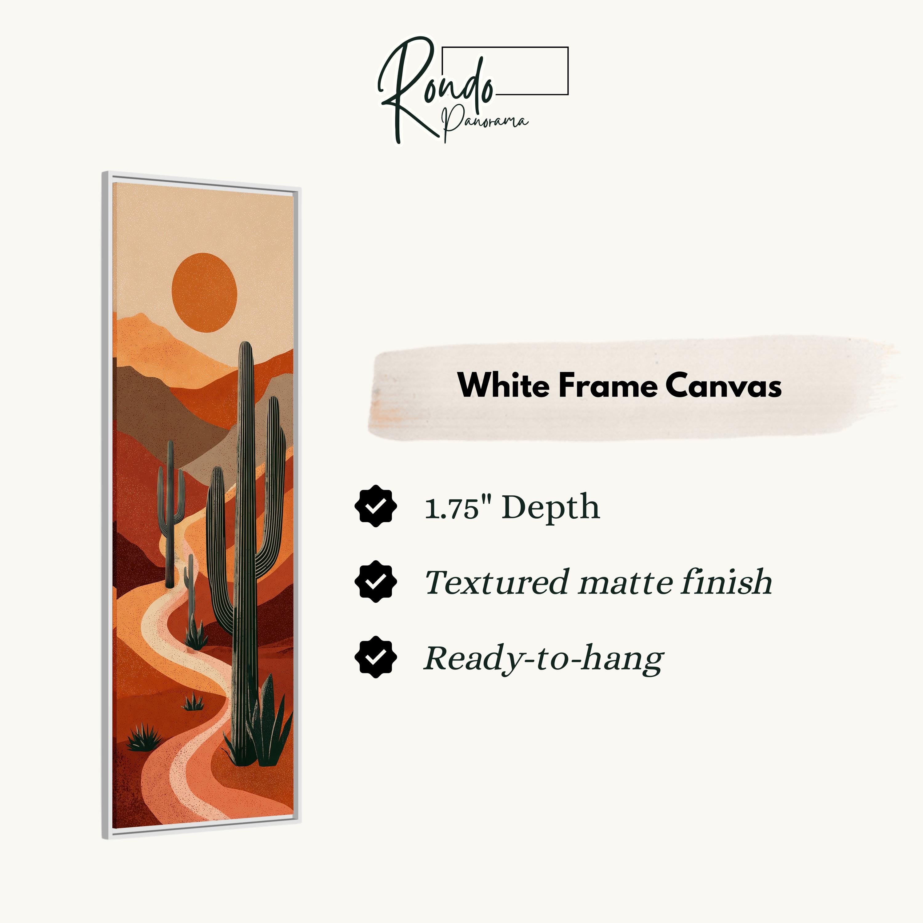 The image is a white frame canvas depicting a desert landscape with cacti and mountains.