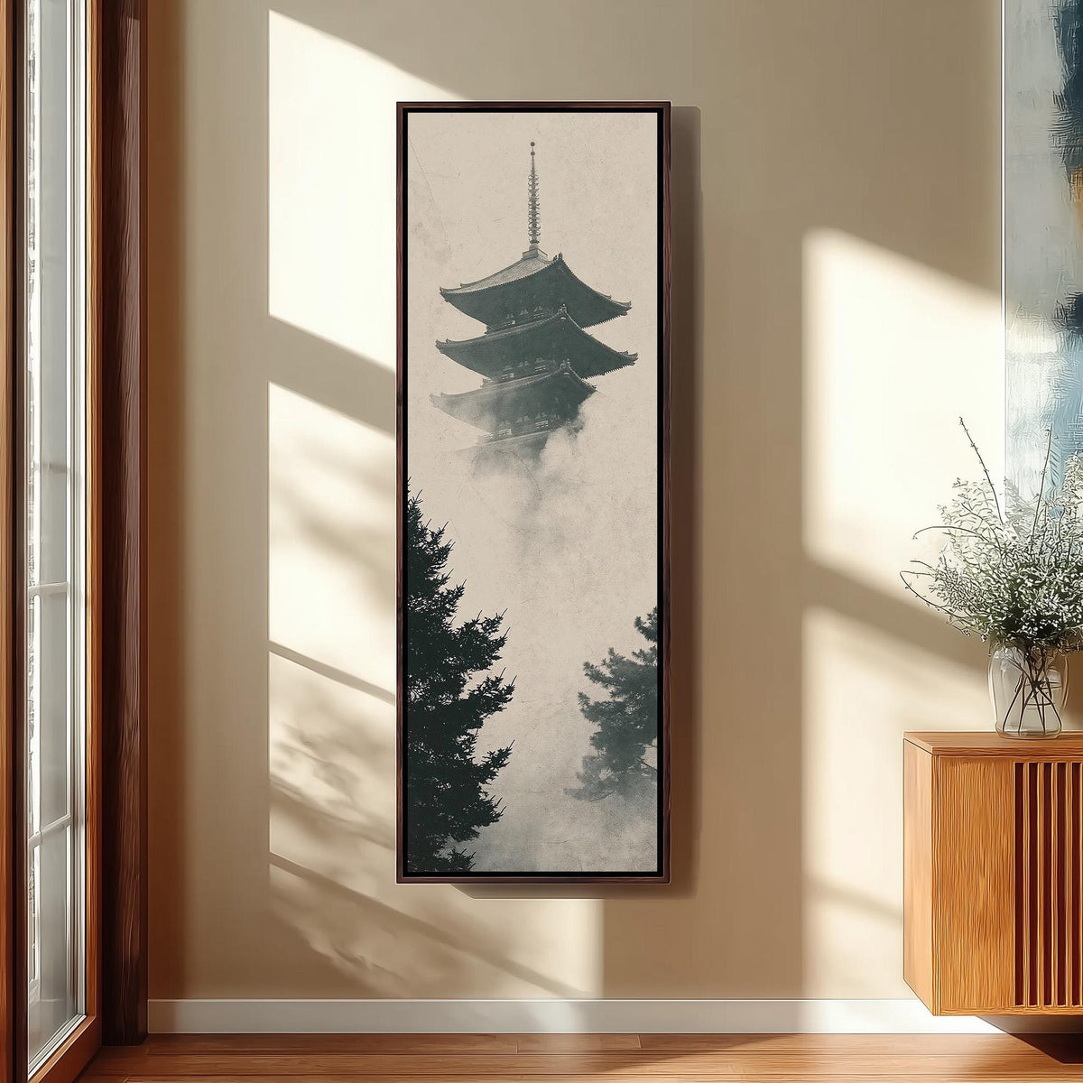 Pagoda rising through fog and pines long vertical canvas print in a sunlit living space