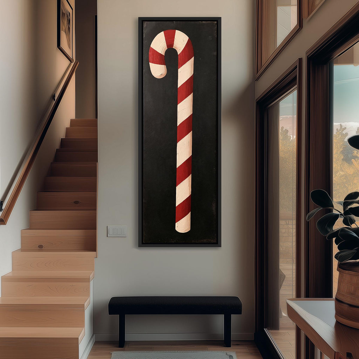 Single candy cane on black tall narrow canvas print beside a staircase in an entryway
