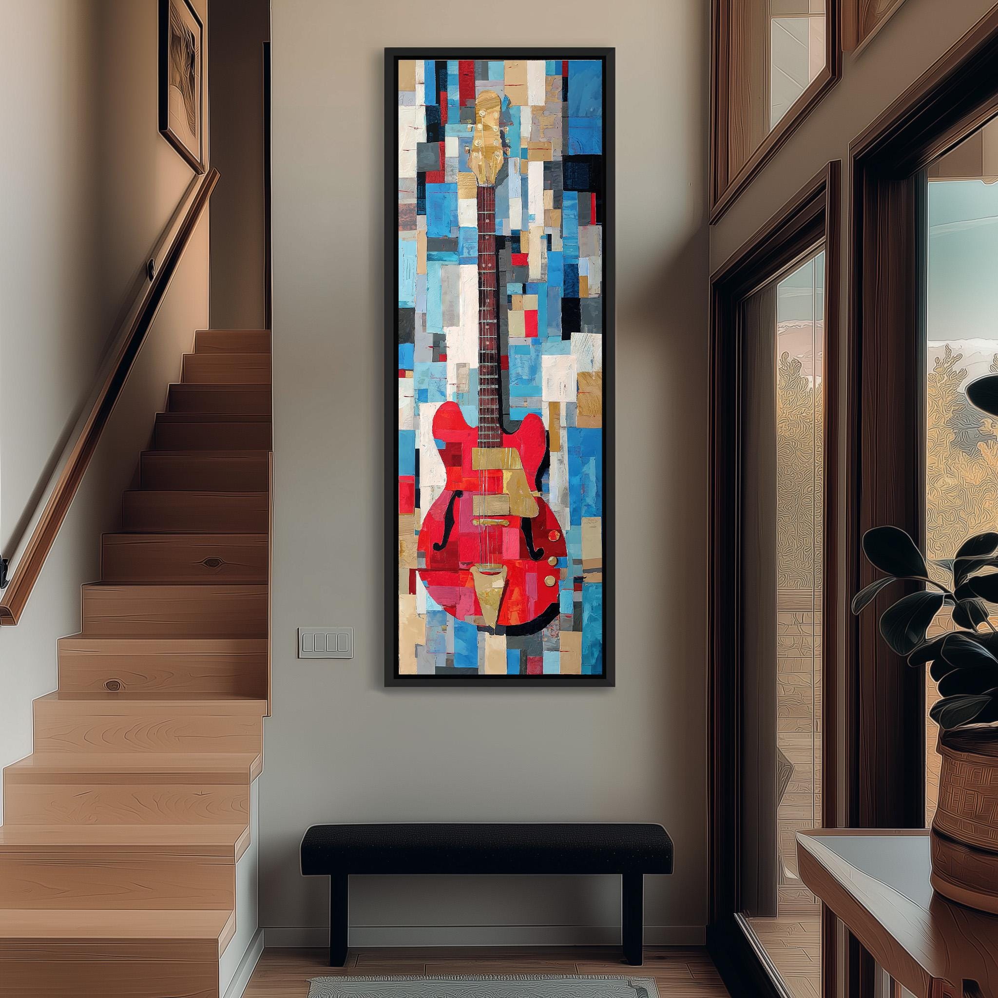 a large, colorful abstract painting of a guitar hanging on the wall of a hallway.
