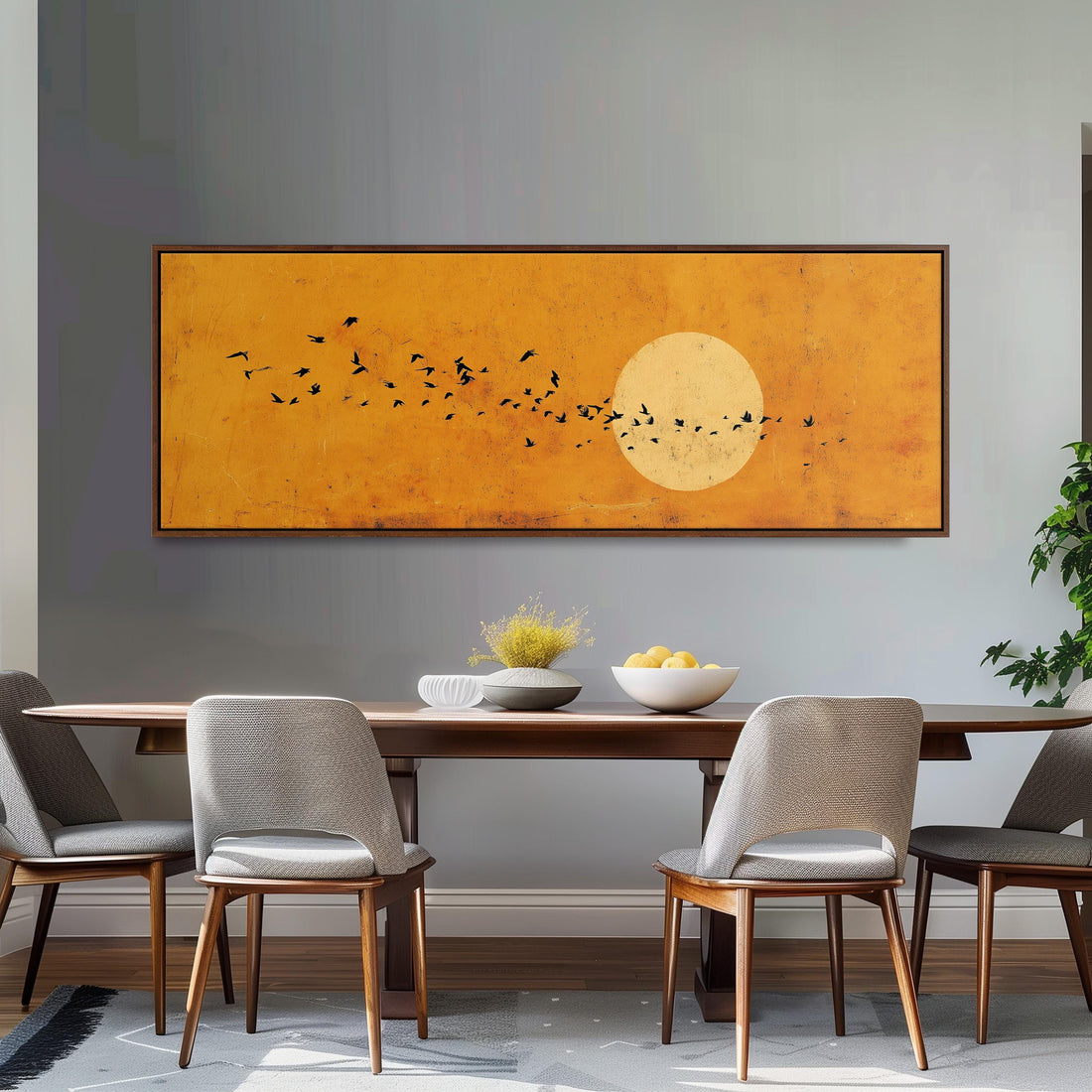Minimalist Sun and Birds - Wide Panoramic Canvas Art
