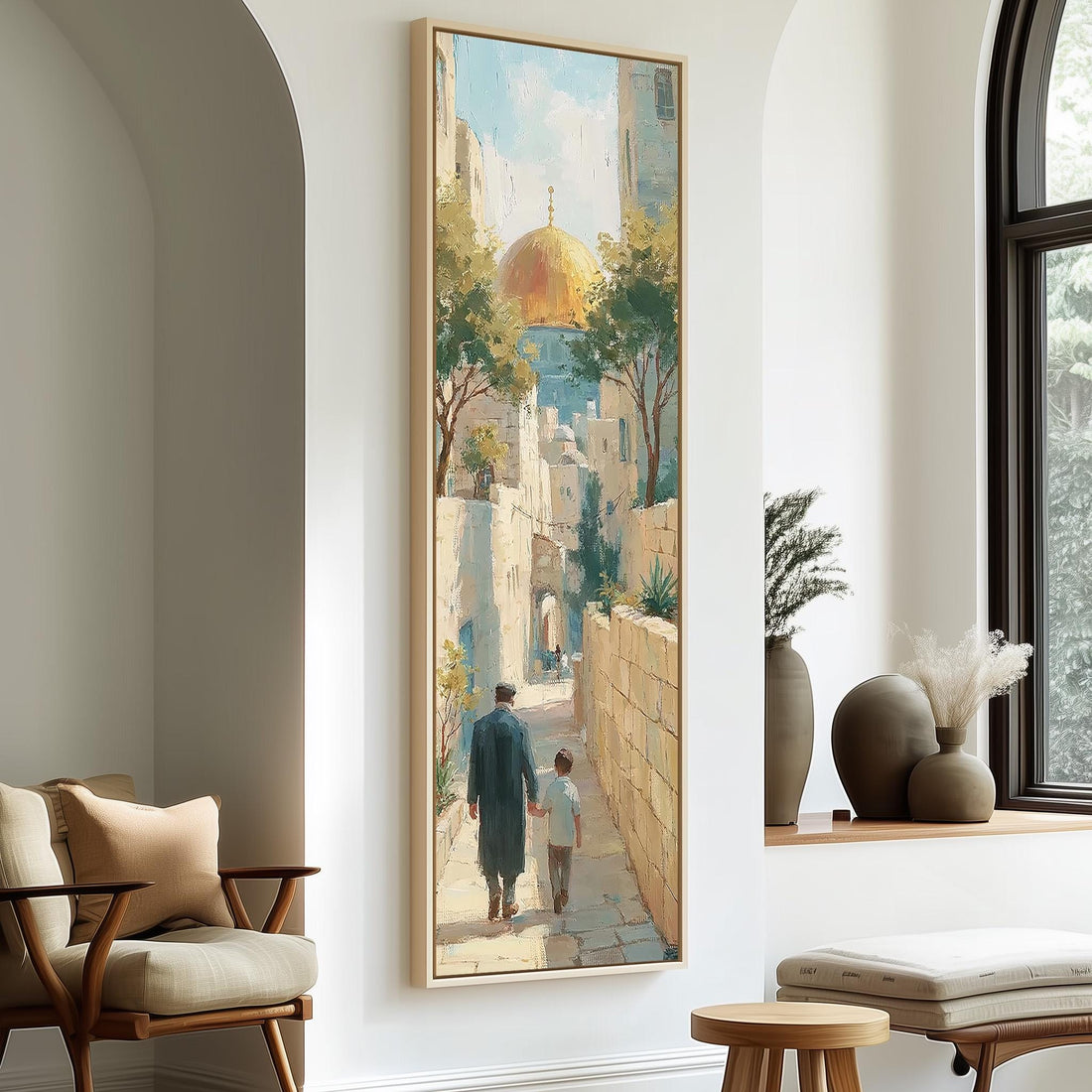 Father and child in a Jerusalem alley toward the golden dome long vertical canvas print in a sunlit living space