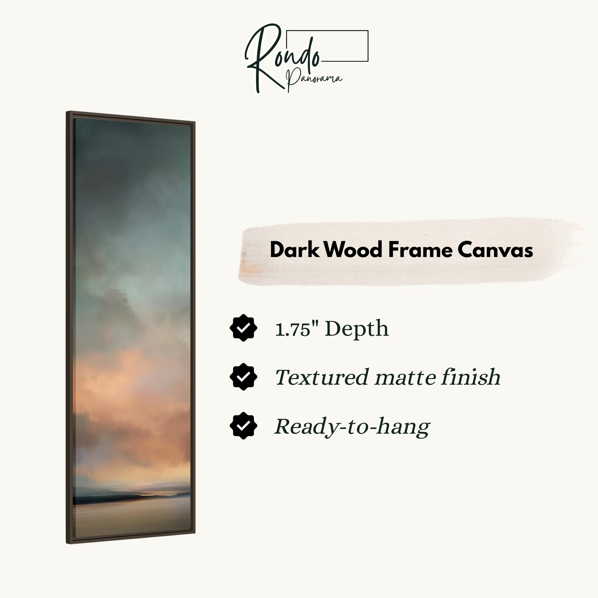 The image is a dark wood frame canvas with a painting of a sunset over the ocean.