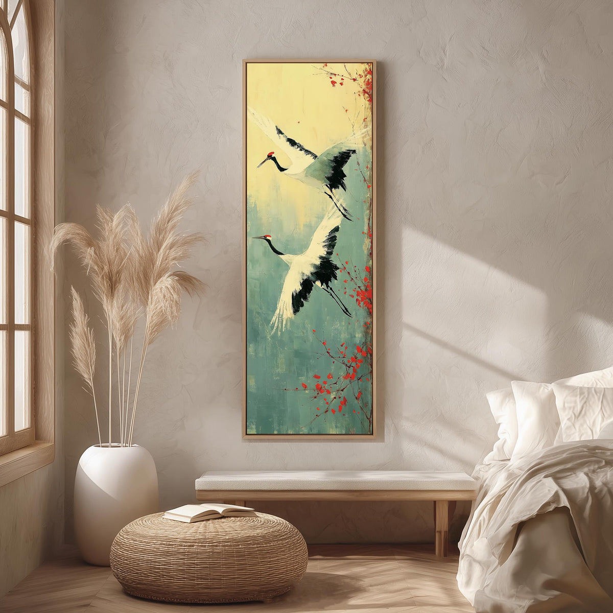 Pair of red-crowned cranes in flight long vertical canvas print in a bright reading corner