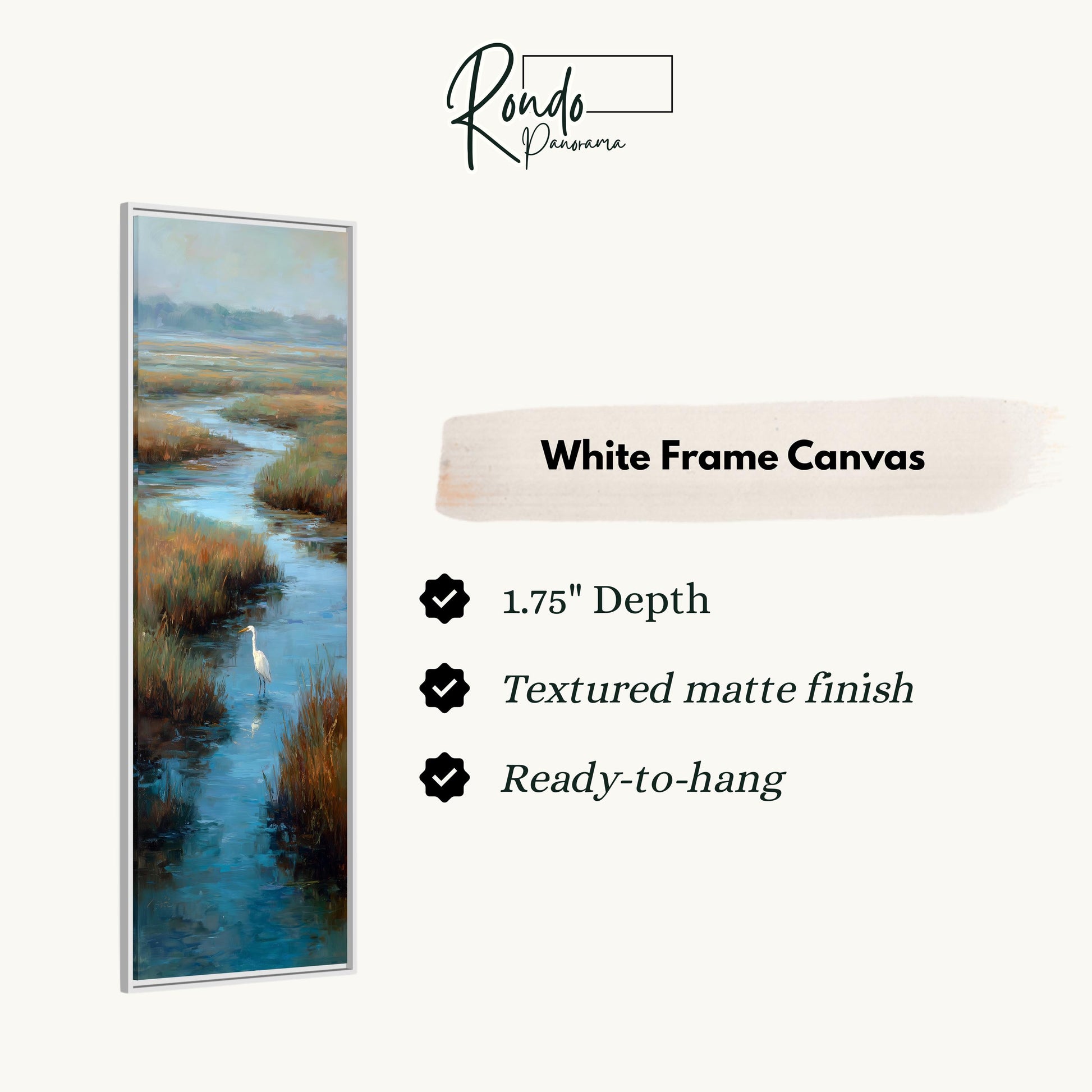 The image is a white frame canvas depicting a serene landscape with a bird standing in a body of water.