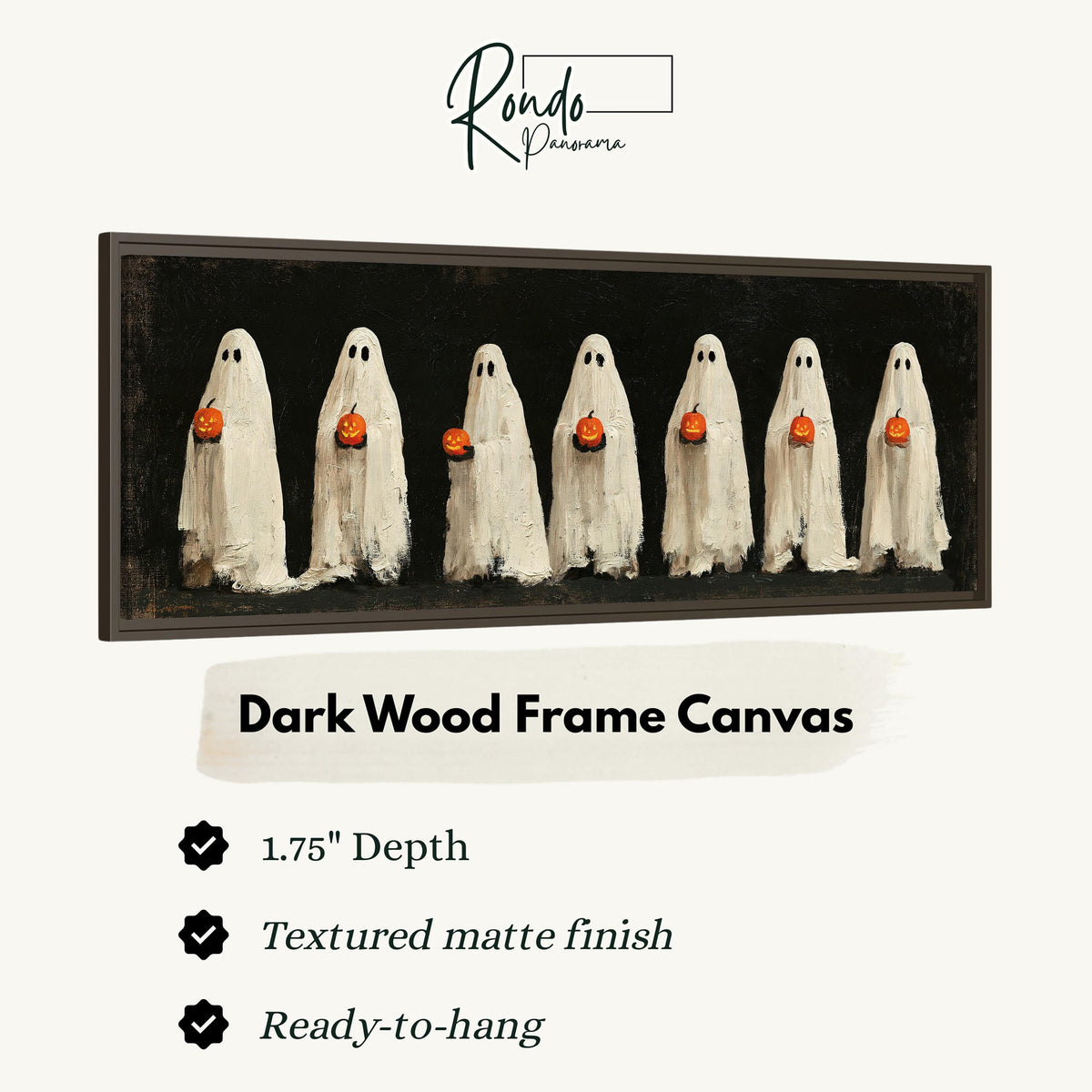 Row of ghosts holding pumpkins canvas print in a dark wood floating frame