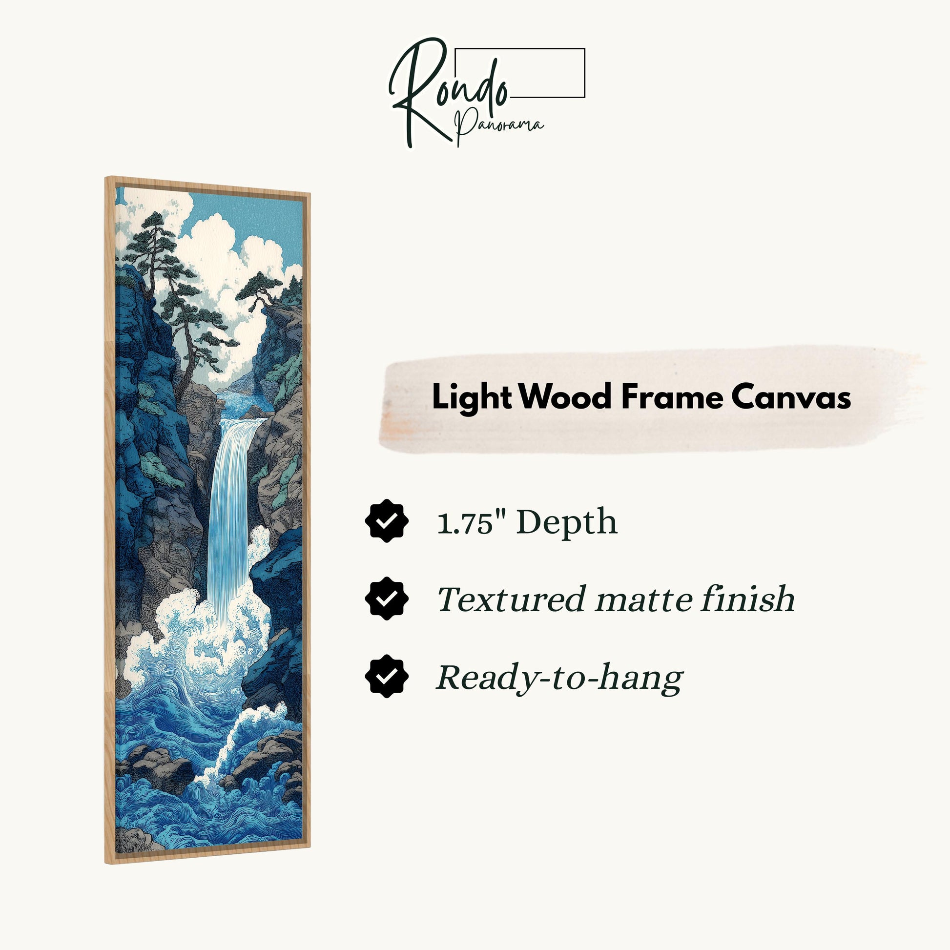 The image is a vertical text box containing information about a light wood frame canvas.