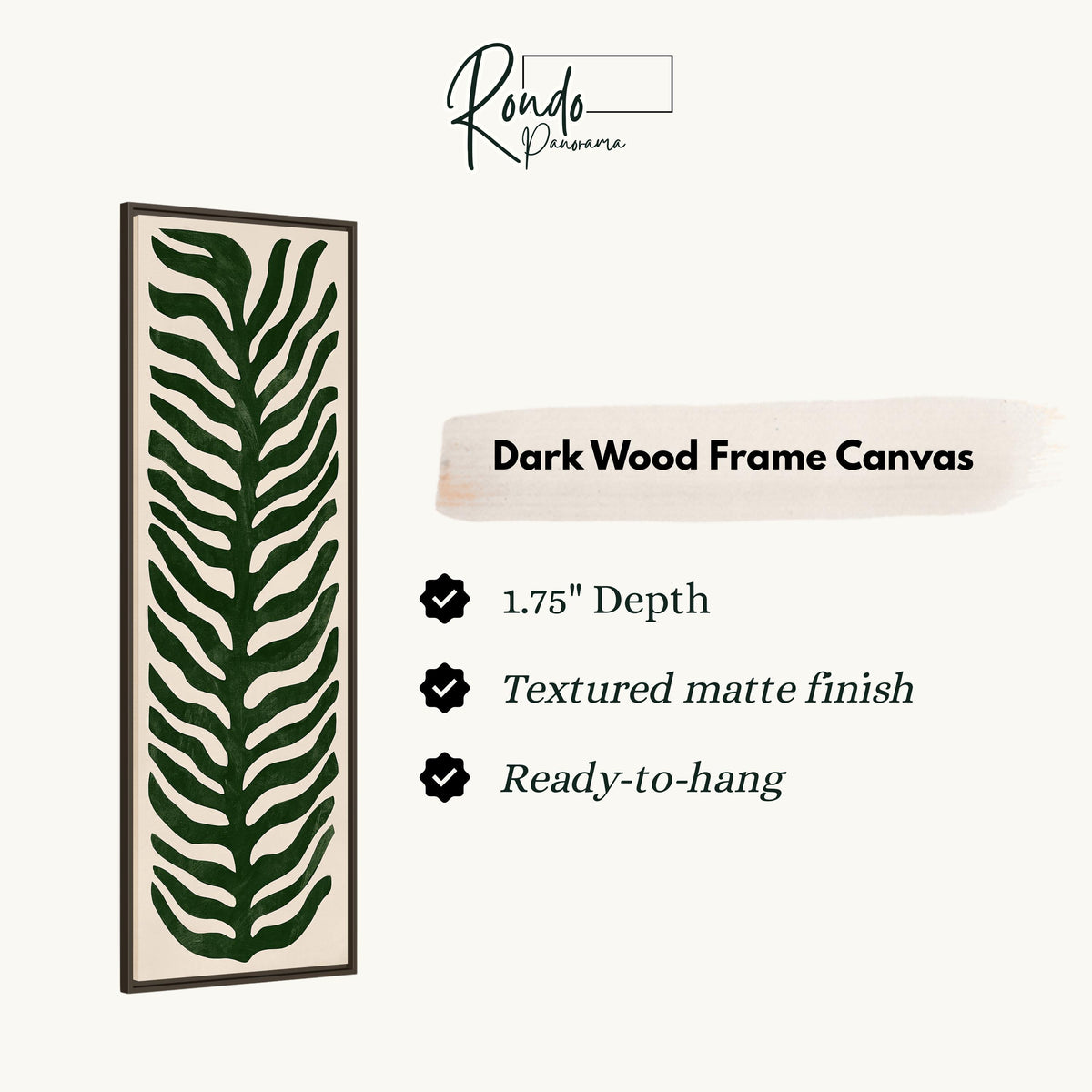 Stylized dark green fern leaf canvas print in a dark wood floating frame