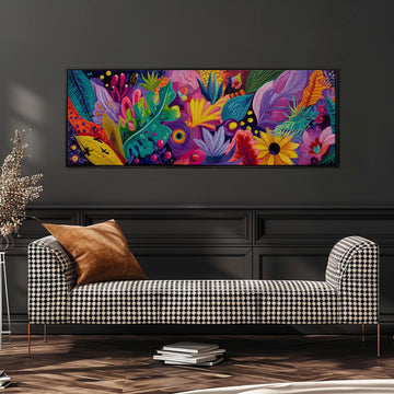 a large, colorful painting of tropical flowers and foliage hanging on a wall above a black and white checkered sofa.