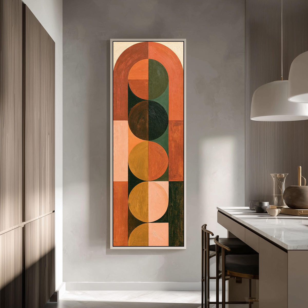 Arch and circle totem in terracotta and mustard tall skinny canvas print in a modern kitchen