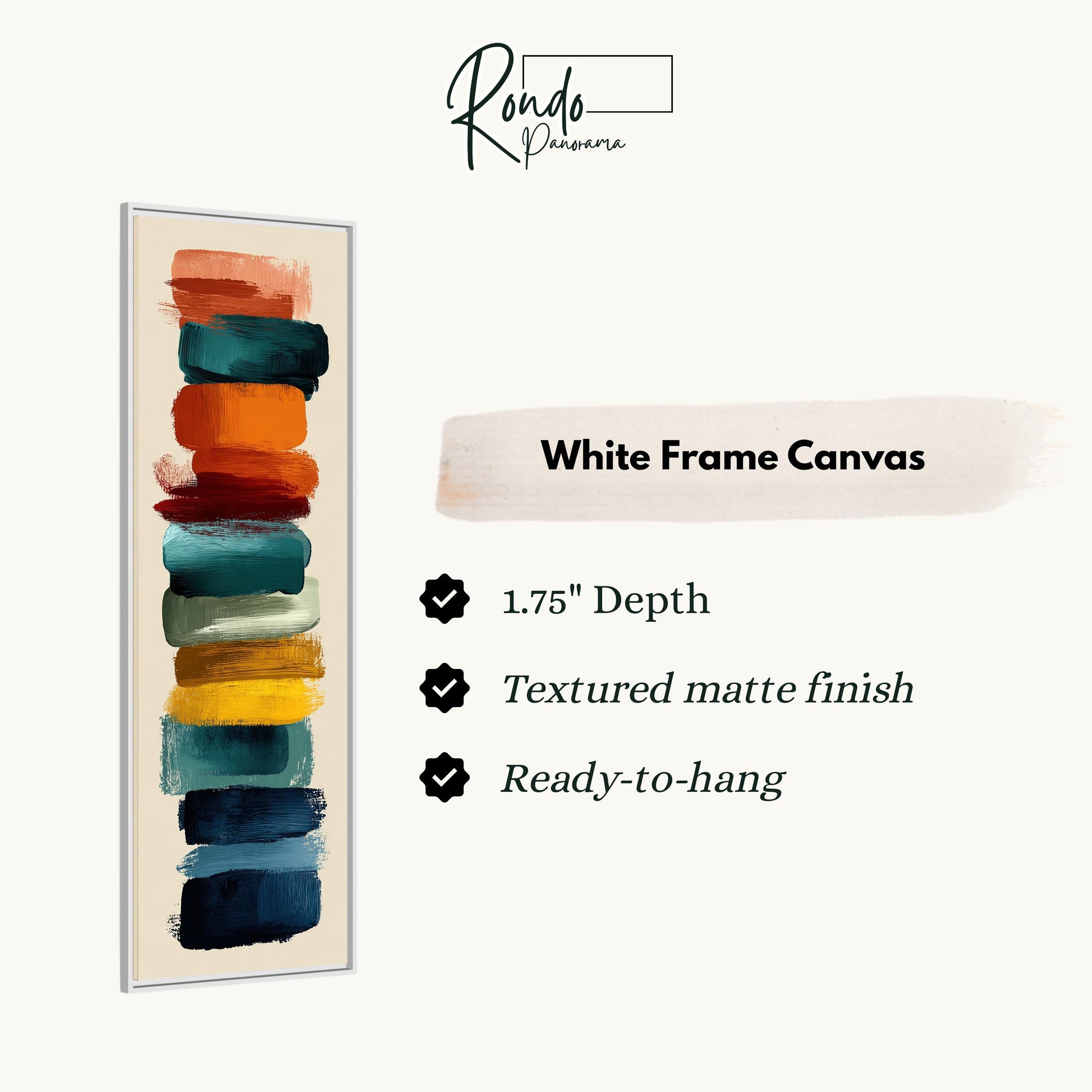 The image is a product description for a white frame canvas. It features a vertical stack of colorful paint strokes in various shades of blue, green, orange, and red. The canvas has a 1.75" depth, a textured matte finish, and is ready to hang.