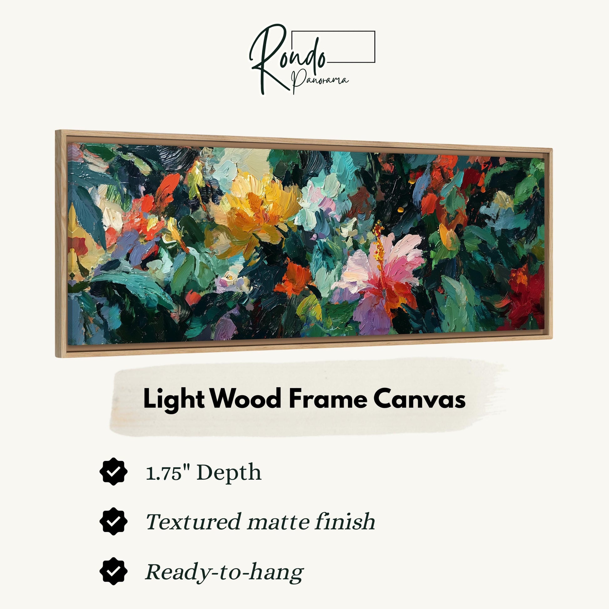 The image is a framed artwork depicting a vibrant, colorful painting of flowers and foliage.