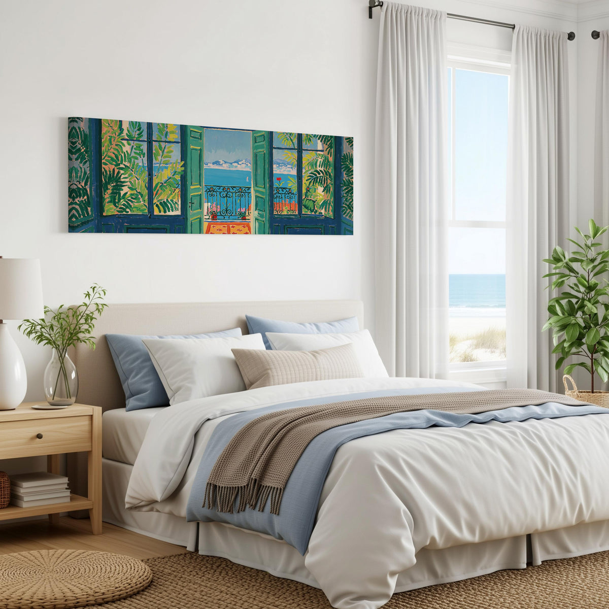 Riviera balcony view through open windows panoramic canvas print above a bed in a coastal bedroom