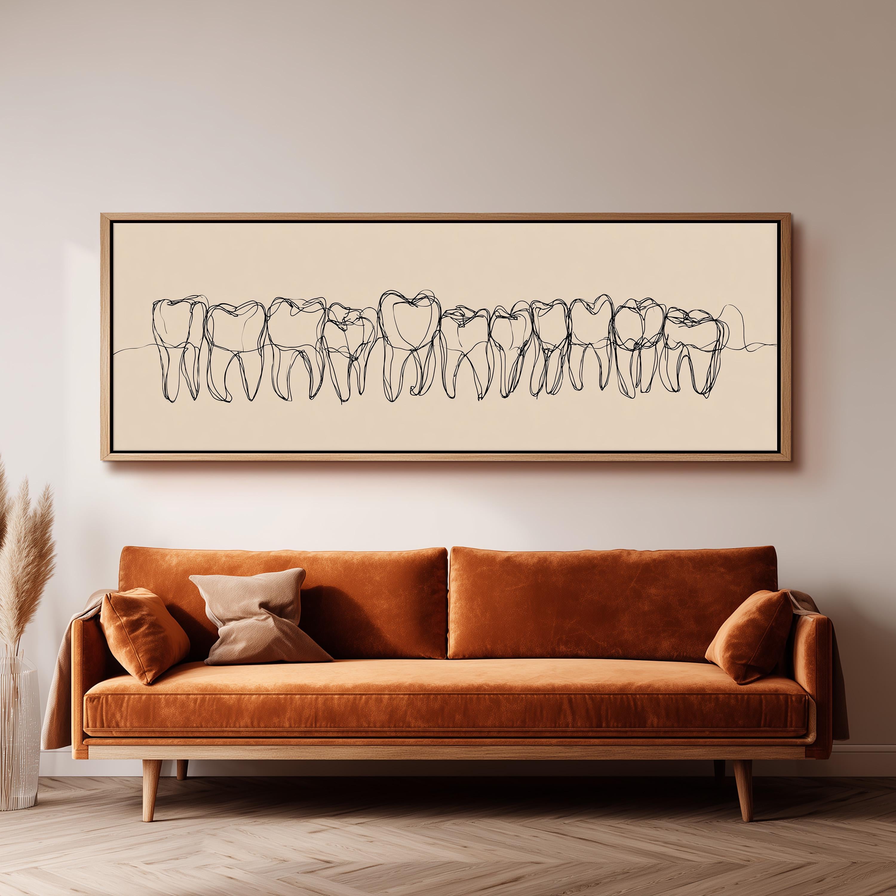 a large, framed artwork depicting a line of stylized teeth on a beige background, hanging above a brown sofa in a living room setting.