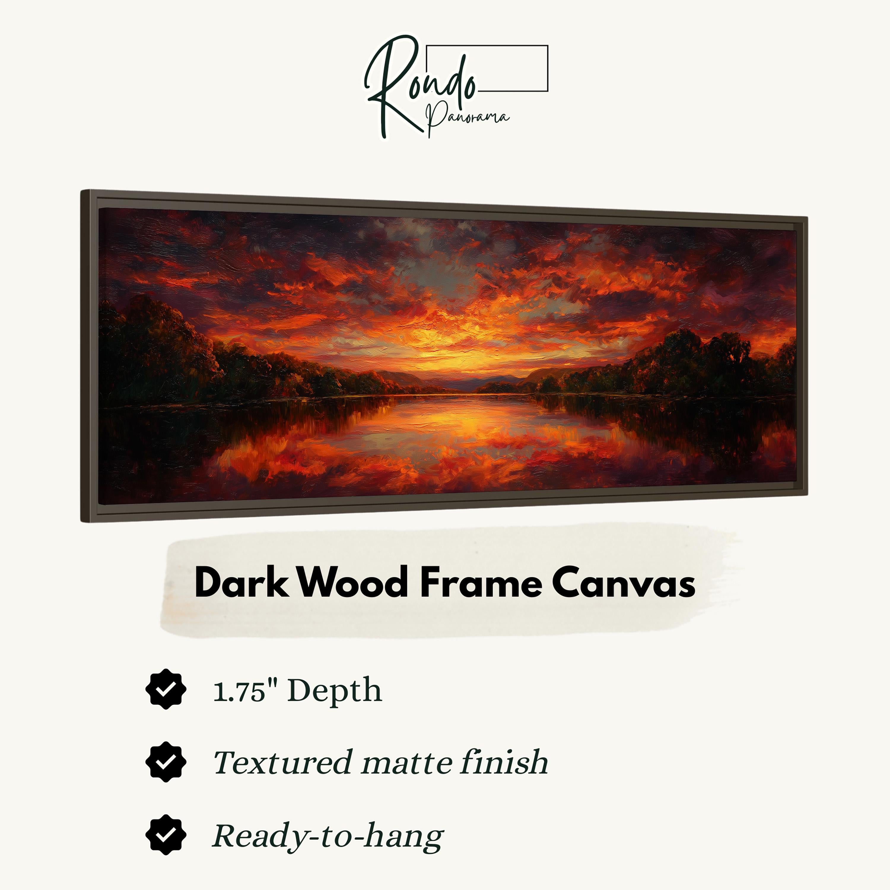 The image is a dark wood frame canvas depicting a sunset over a lake.