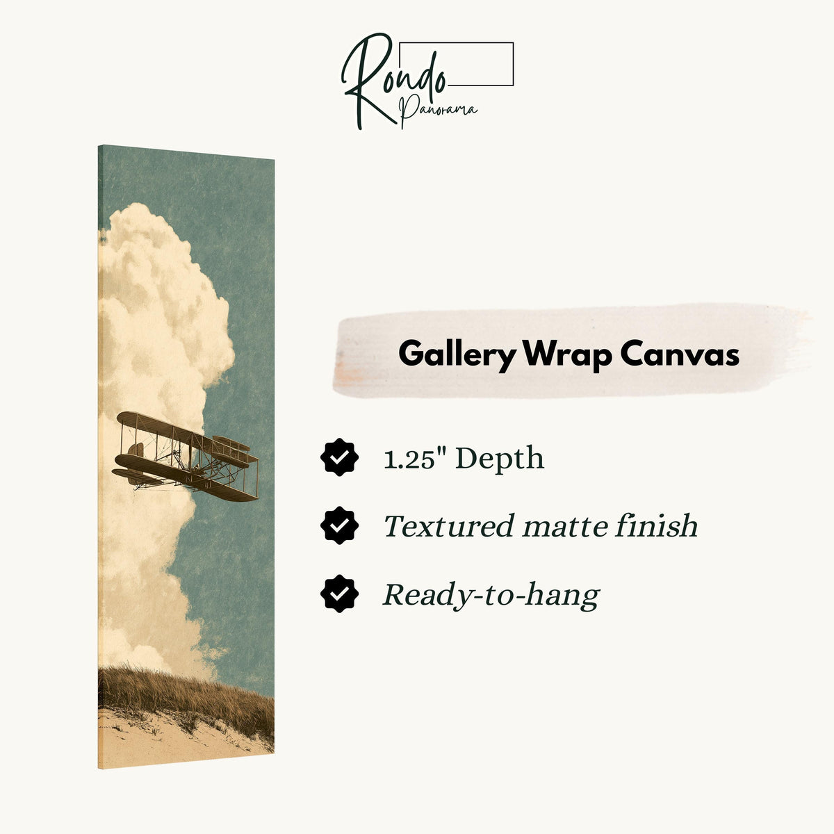 Vintage biplane flying past a tall cloud gallery wrap canvas with the image wrapped around the edges