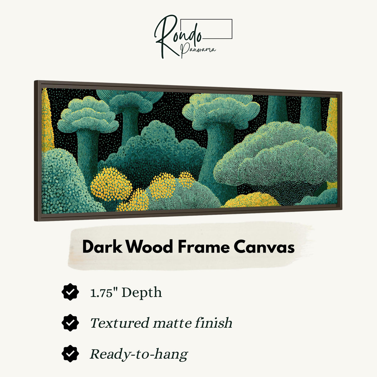 Teal dotted treetops canvas print in a dark wood floating frame
