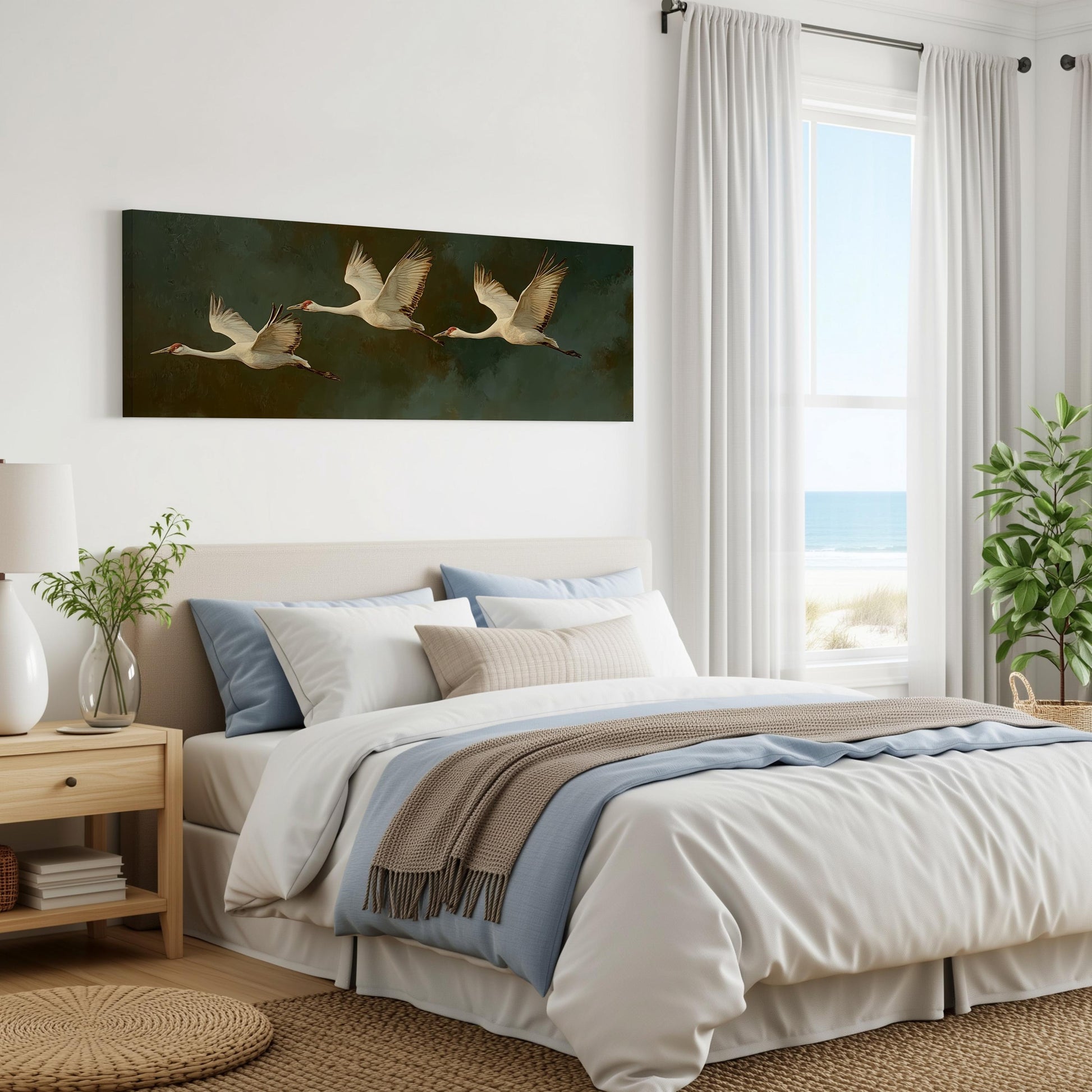 a serene bedroom scene with a large bed, a painting of three swans in flight, and a window overlooking the ocean.