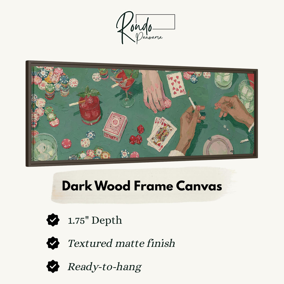 Vintage card game on green felt canvas print in a dark wood floating frame