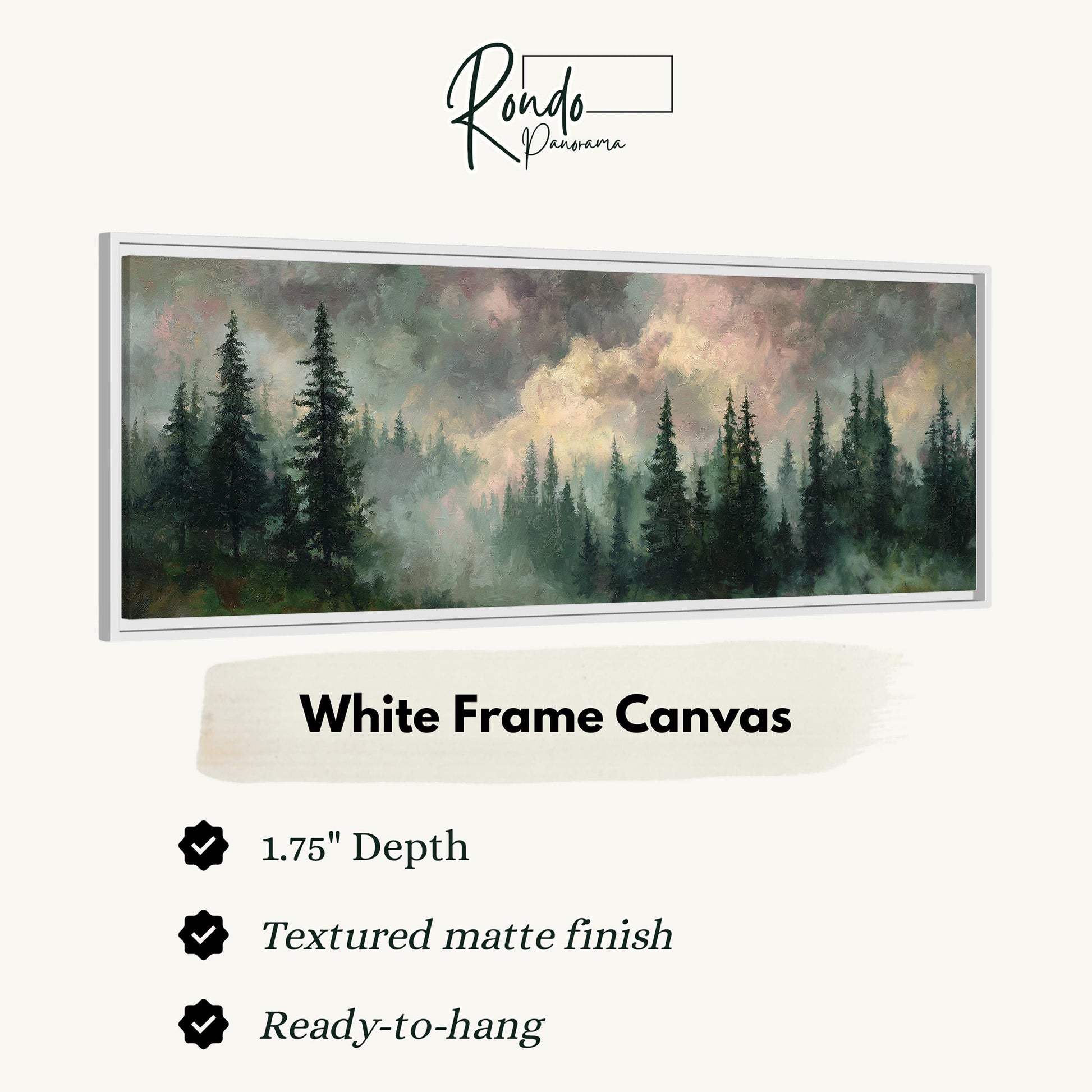 The image is a white frame canvas depicting a forest scene with tall trees and a cloudy sky.