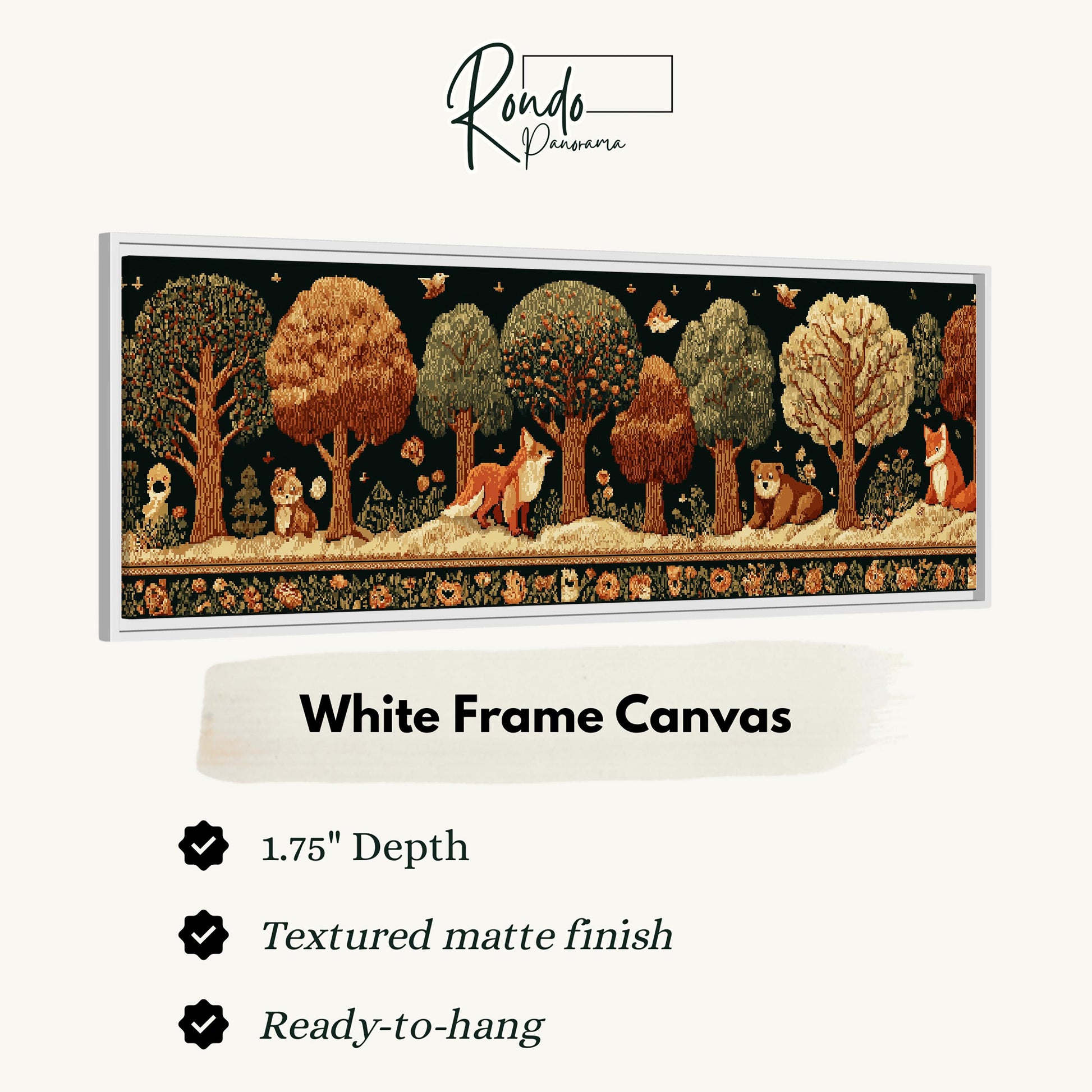 The image is a framed artwork depicting a forest scene with various animals, including foxes, deer, and birds. The artwork is described as a white frame canvas with a 1.75" depth and a textured matte finish. It is ready to hang and is a part of the Rondo Diorama collection.