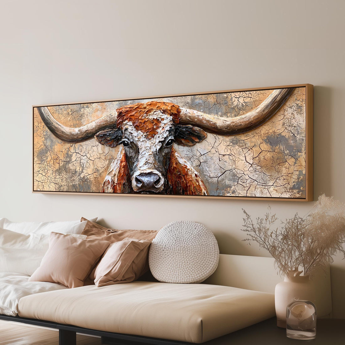 Longhorn close up on cracked plaster long horizontal canvas print above a sofa in a living room