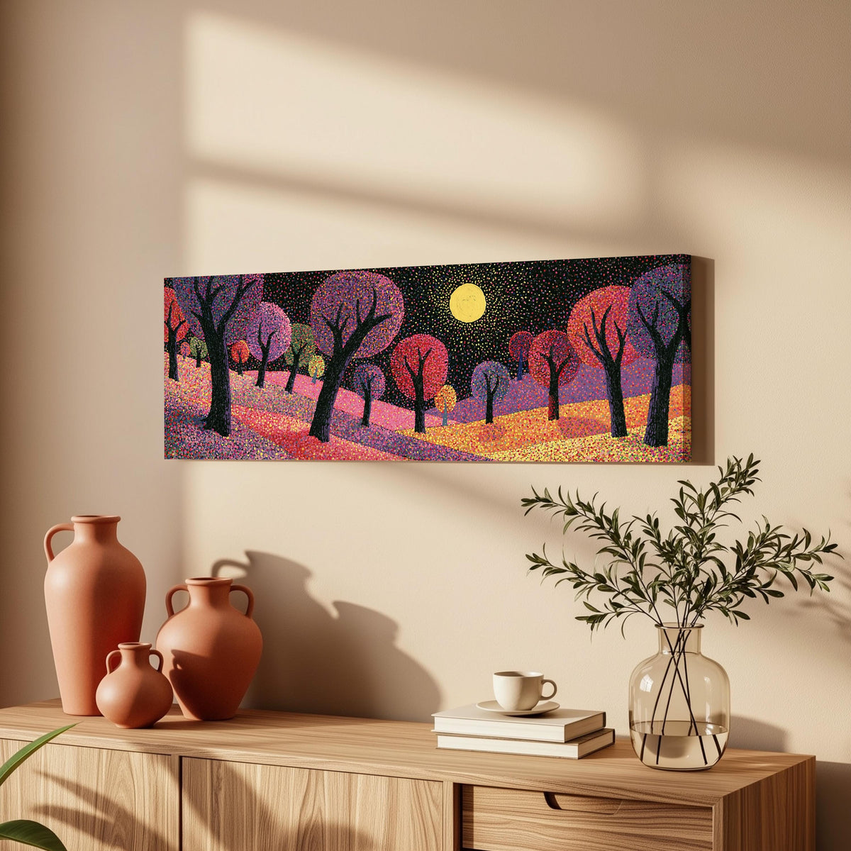 Purple dusk forest under the moon long horizontal canvas print above a wooden sideboard