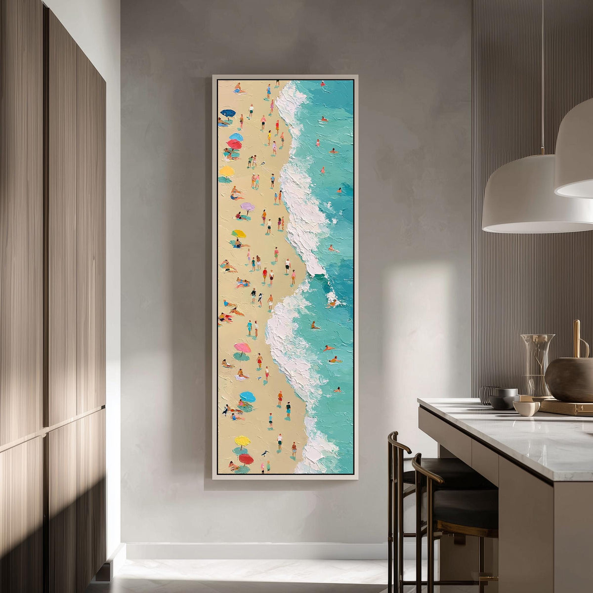 Busy beach and turquoise surf from above tall skinny canvas print in a modern kitchen