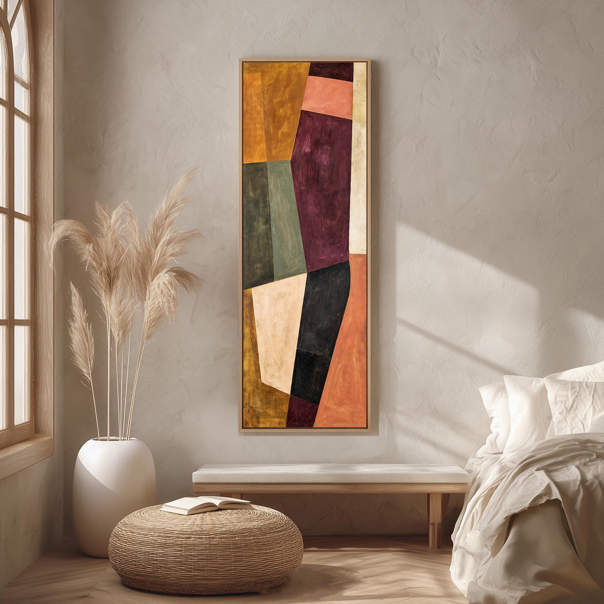 Angular blocks in mustard, maroon and blush long vertical canvas print in a bright reading corner