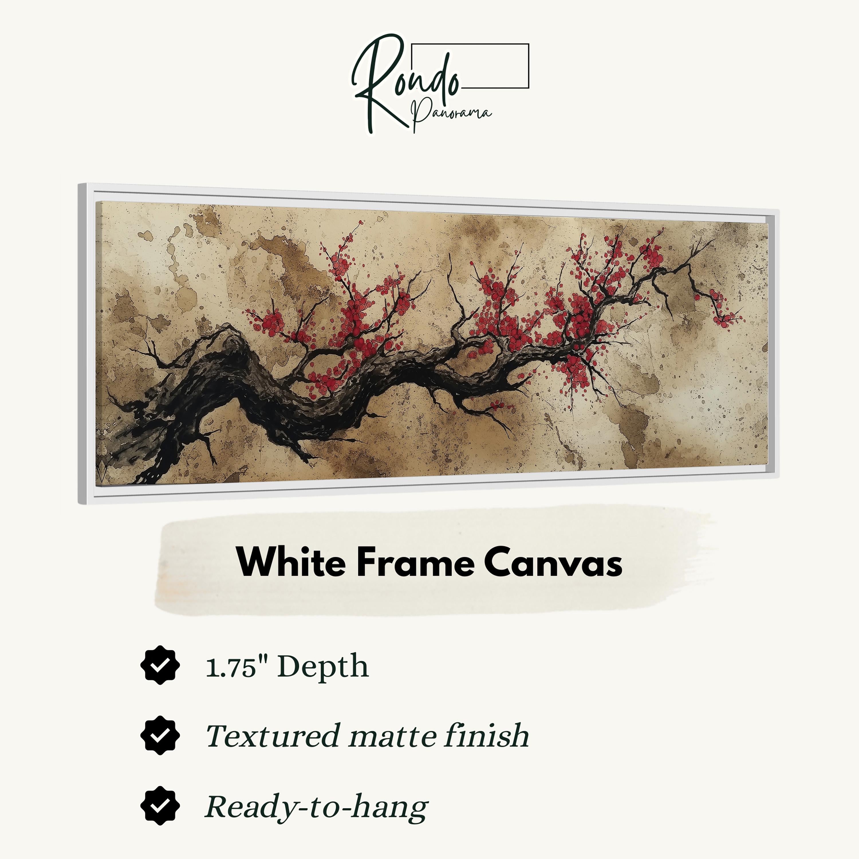 The image is a white frame canvas depicting a branch with red flowers.