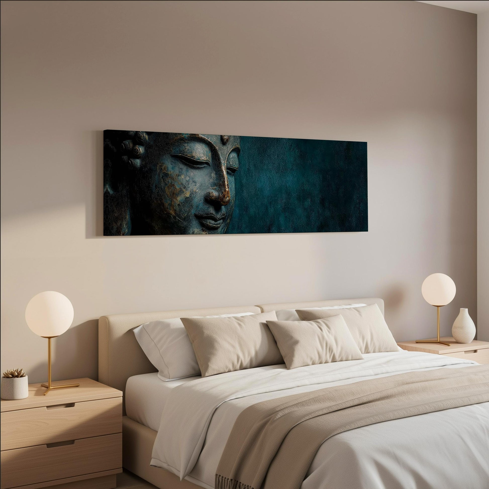 a serene bedroom scene with a large bed, two nightstands with lamps, and a large Buddha-themed painting hanging on the wall above the bed.