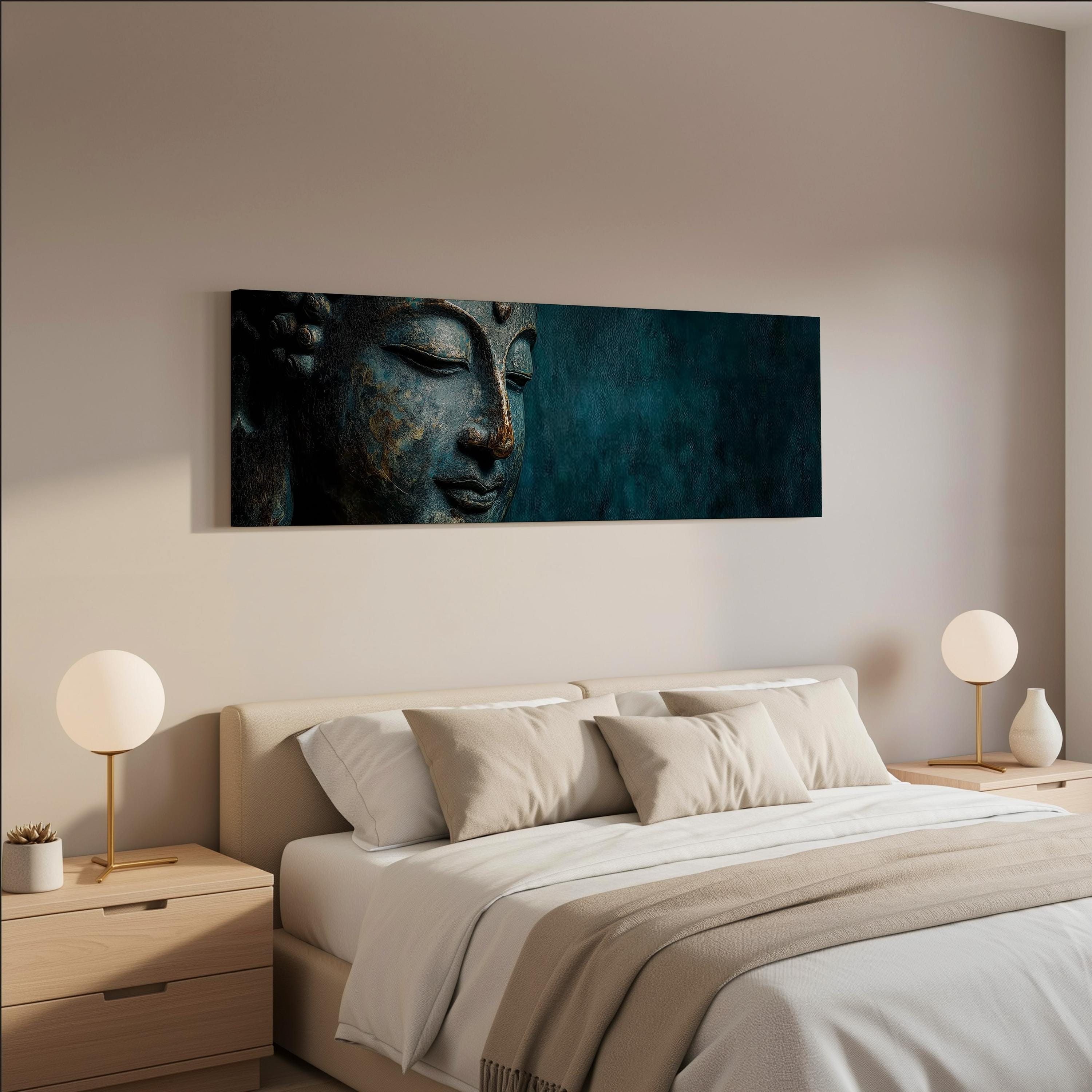 a serene bedroom scene with a large bed, two nightstands with lamps, and a large Buddha-themed painting hanging on the wall above the bed.