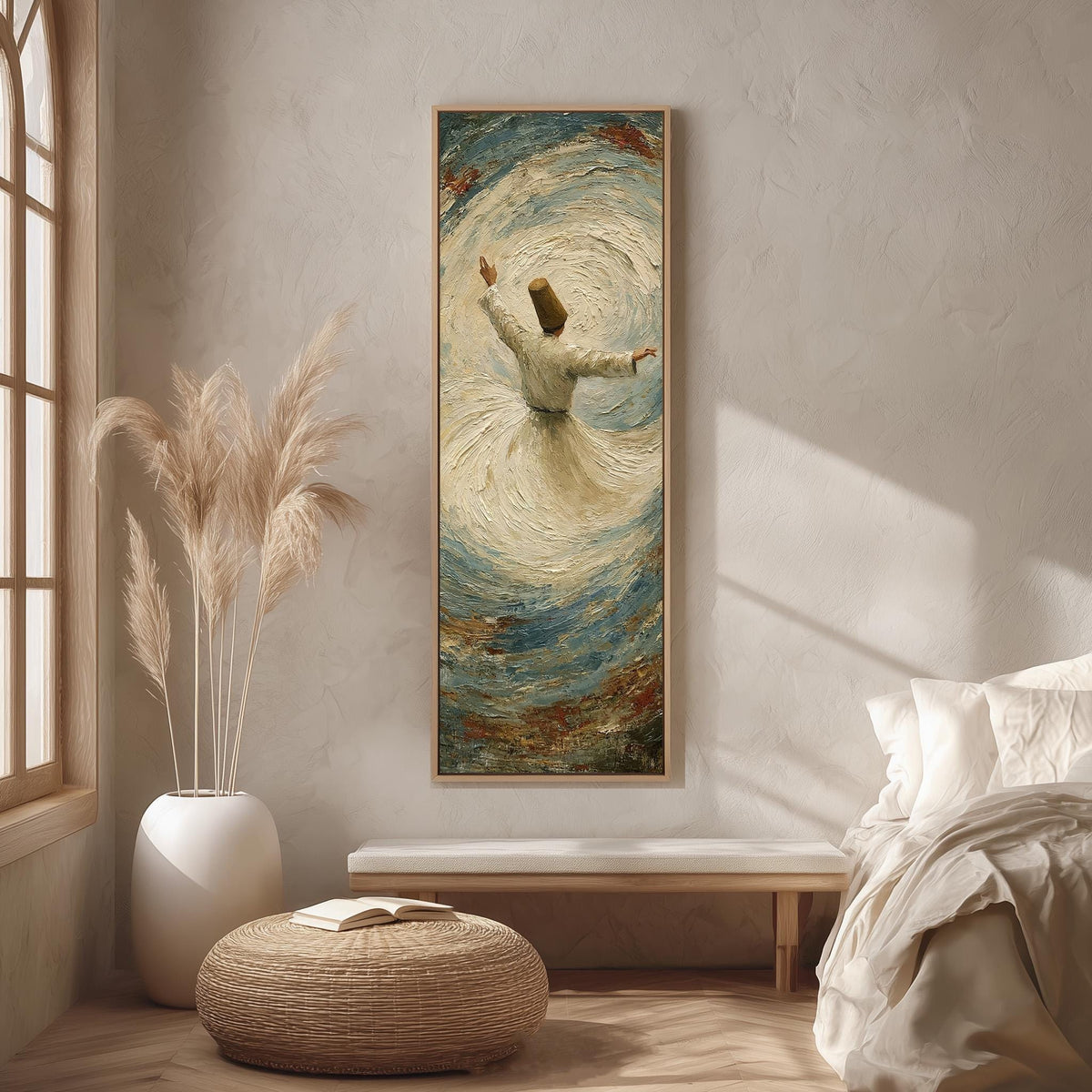 Whirling dervish long vertical canvas print in a bright reading corner