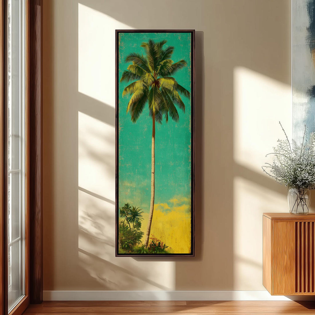 a large framed painting of a palm tree hanging on a wall.