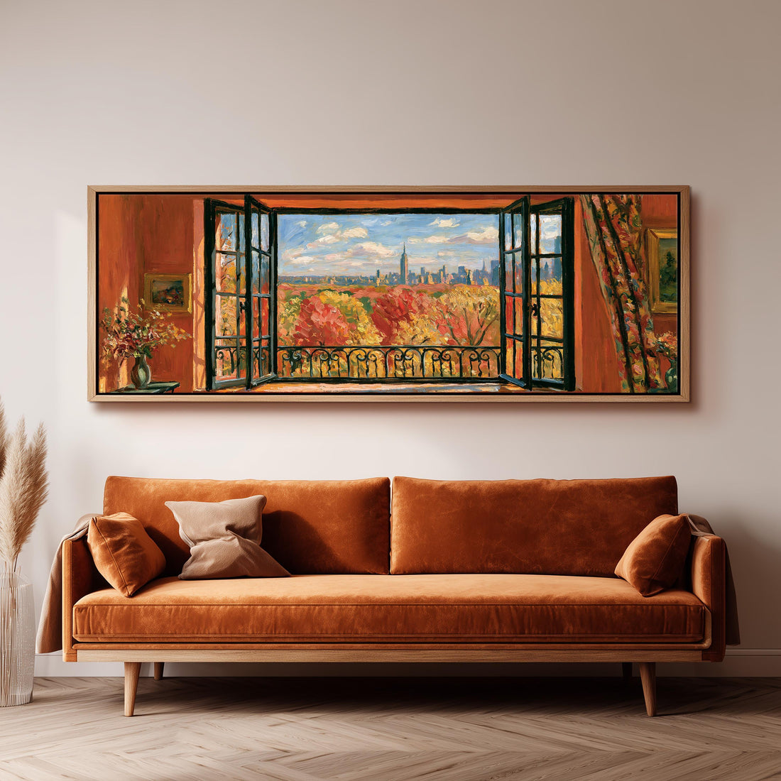 Autumn park and city skyline through a red room window long horizontal canvas print above a sofa in a living room