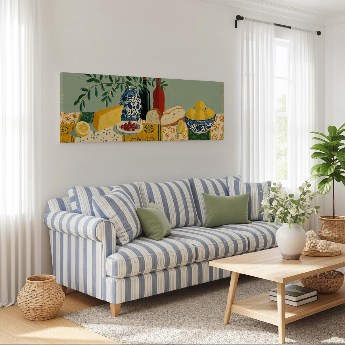 Cheese, wine and lemon spread long horizontal canvas print above a striped sofa in a coastal living room