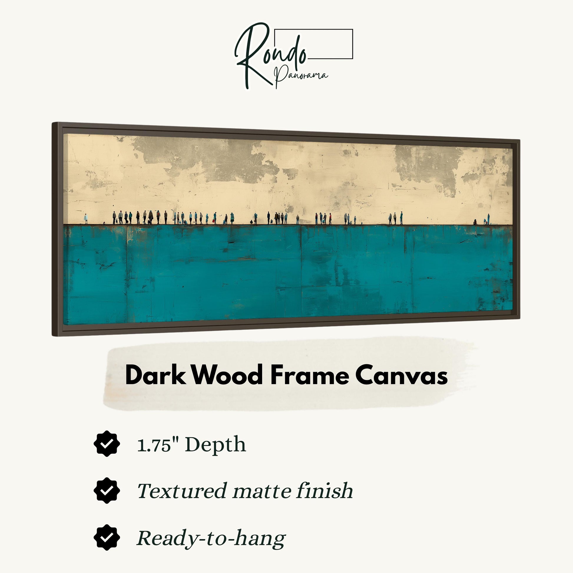 The image is a framed artwork depicting a beach scene with a dark wood frame.