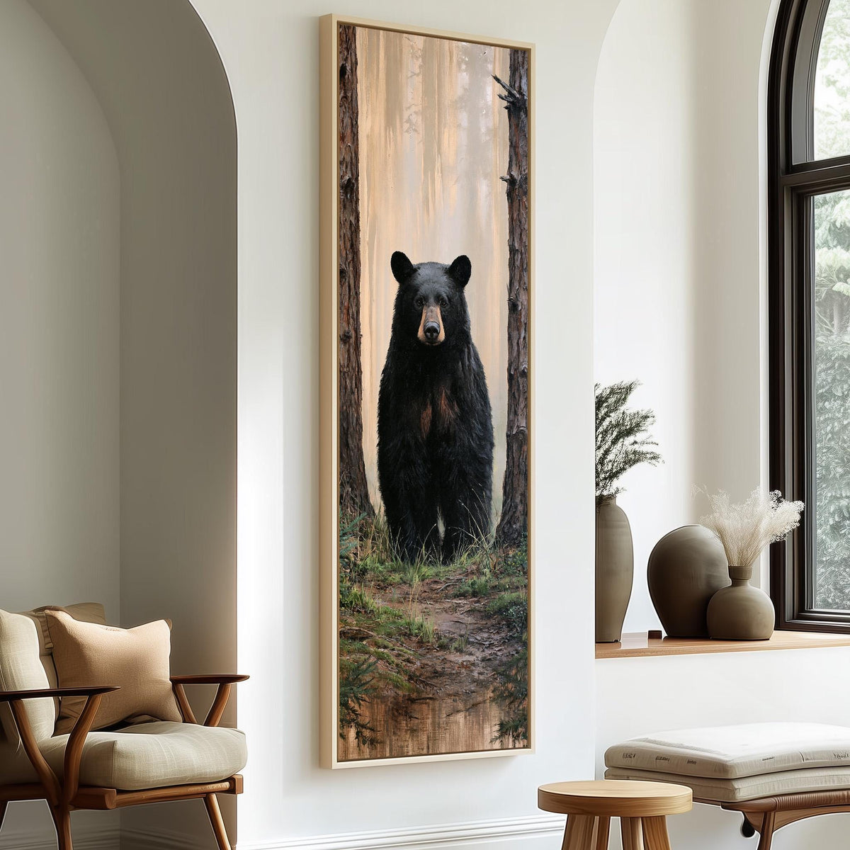 Black bear standing in a foggy forest long vertical canvas print in a sunlit living space