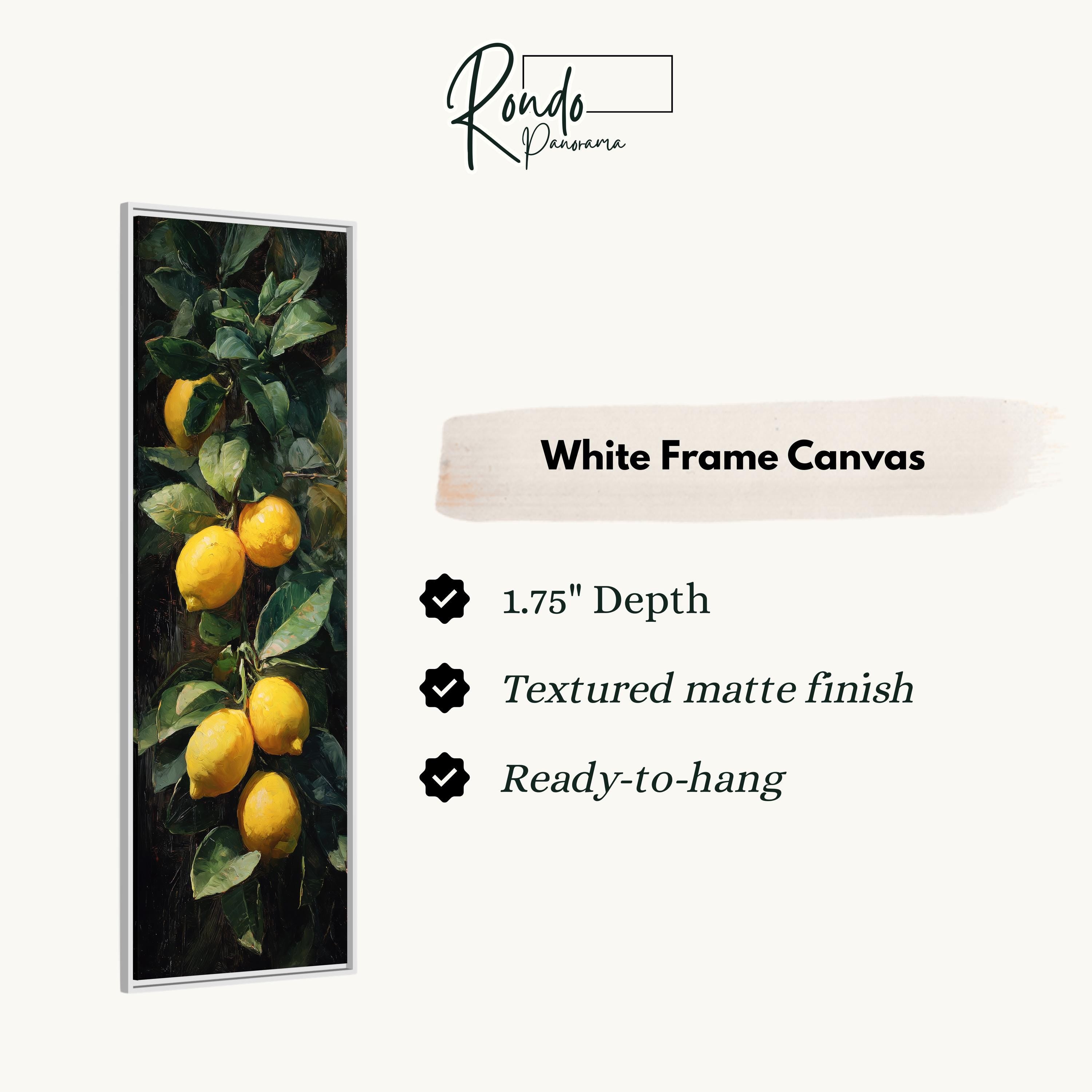 The image is a white frame canvas featuring a painting of lemons hanging from a tree.
