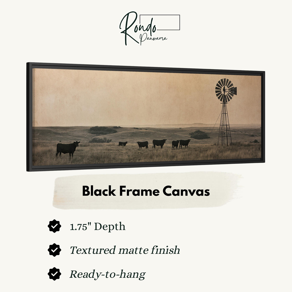 Black cattle grazing by a windmill on the prairie canvas print in a black floating frame