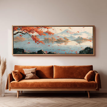 Japanese maple over a misty lake long horizontal canvas print above a sofa in a living room