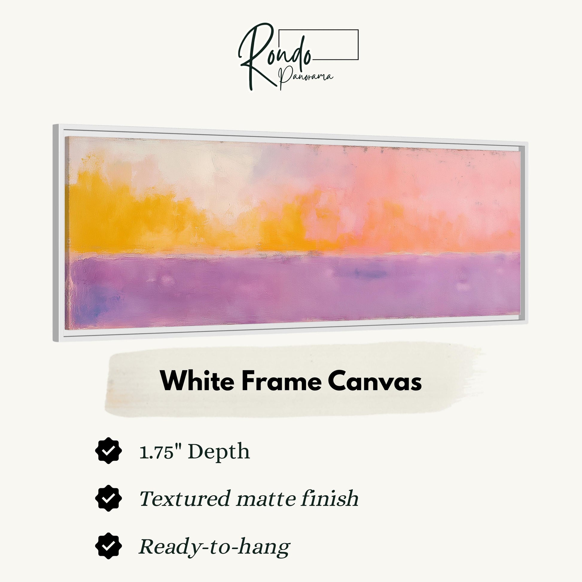 The image is a framed artwork depicting a sunset over a body of water, with a white frame.