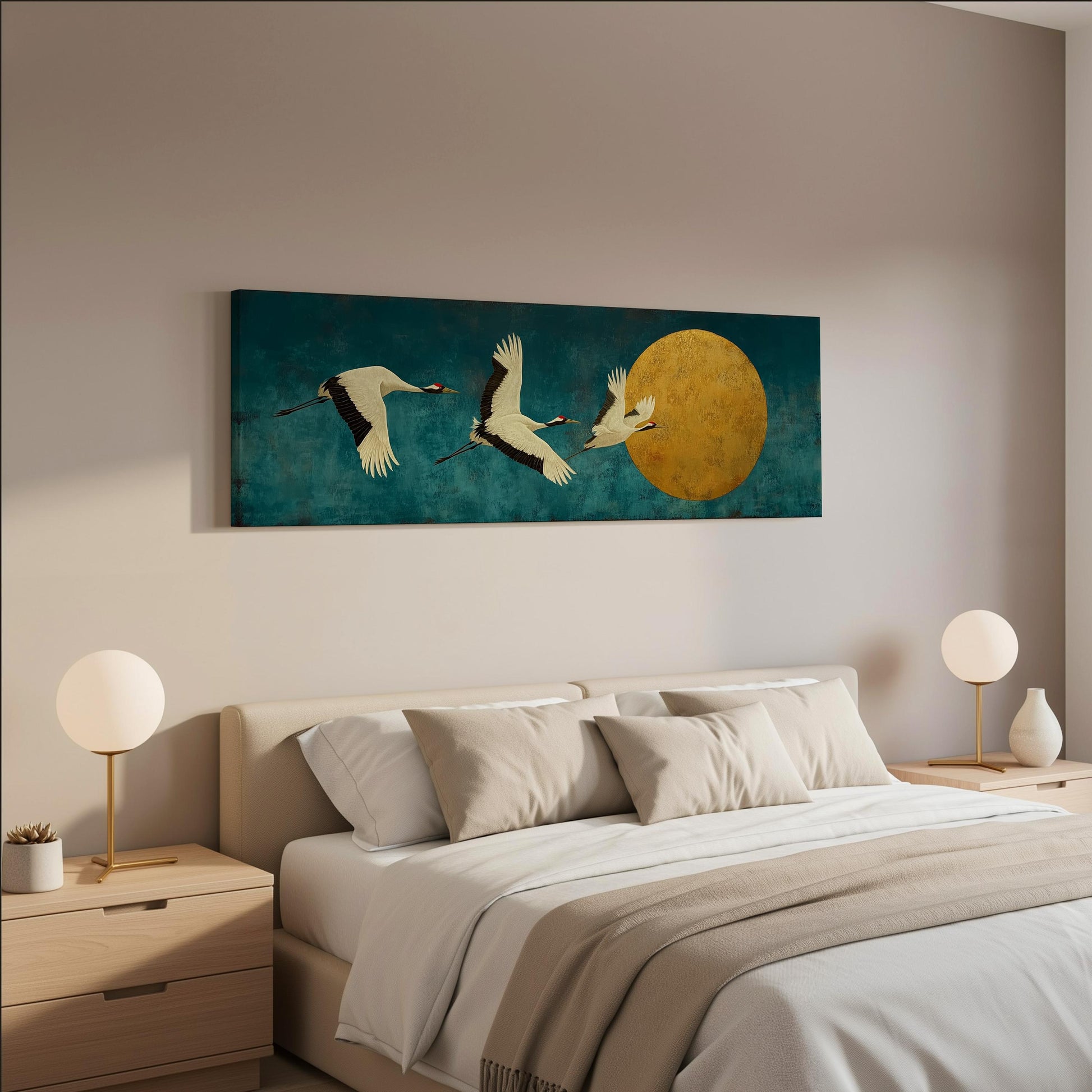 a serene bedroom scene with a large bed, two nightstands with lamps, and a painting of three white birds in flight above the bed.