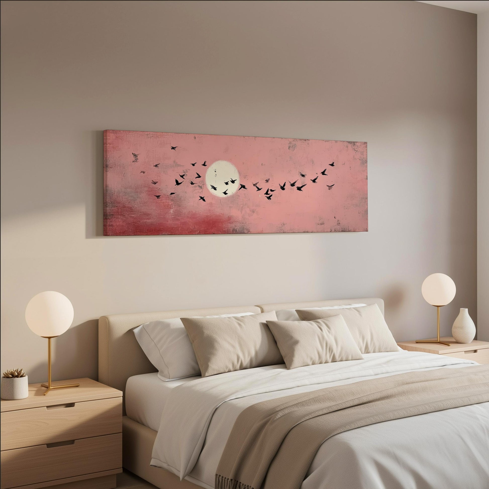 a serene bedroom scene with a large bed, two nightstands with lamps, and a painting of a flock of birds flying over a pink and red sky.