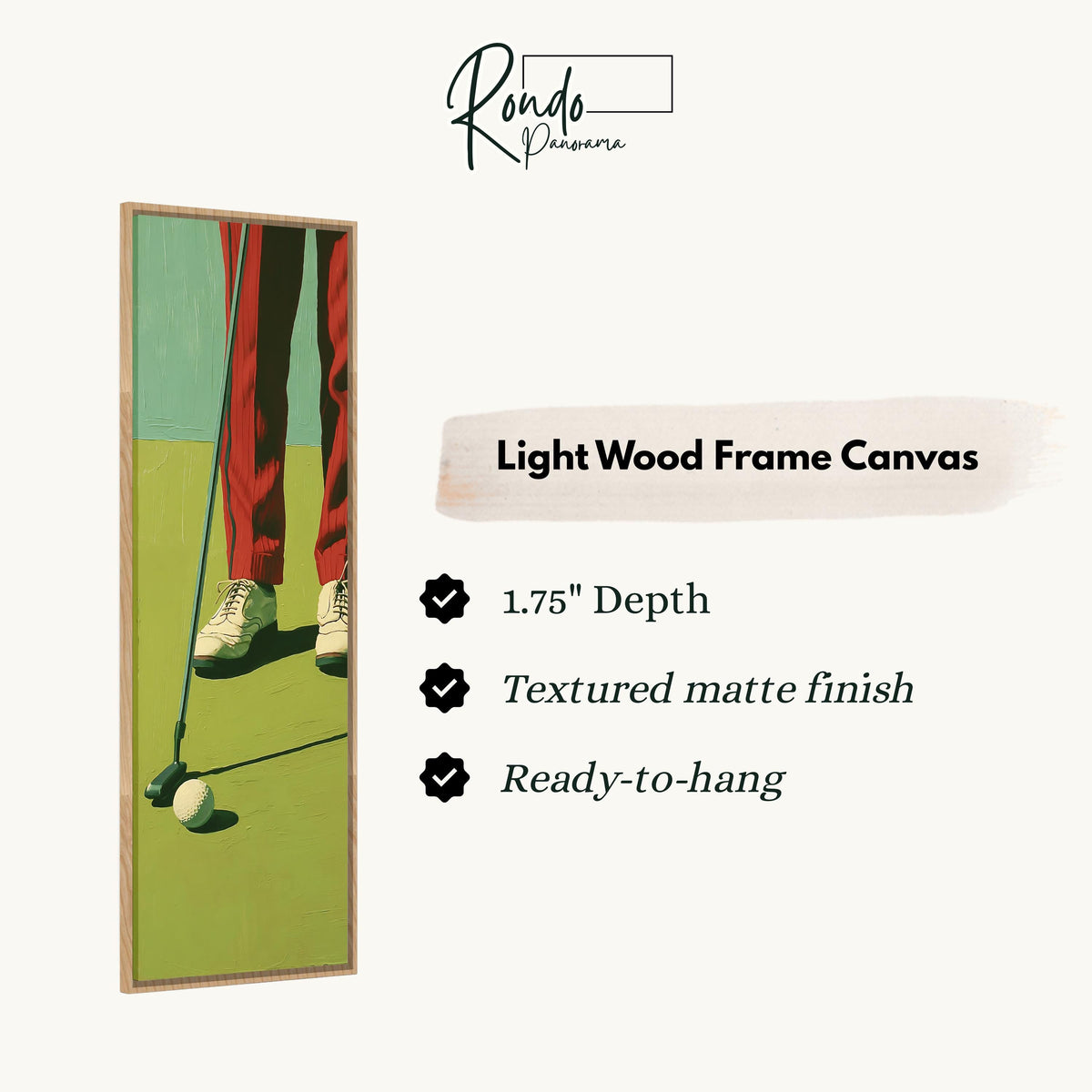 Golfer in red trousers lining up a putt canvas print in a light wood floating frame